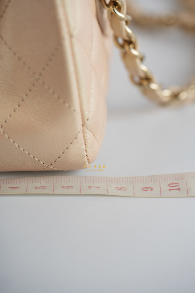 Classic Medium Double Flap Beige Iridescent Calfskin Leather Light Gold Hardware Series 31 | Purse Maison Luxury Bags Shop
