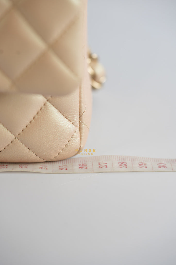 Classic Medium Double Flap Beige Iridescent Calfskin Leather Light Gold Hardware Series 31 | Purse Maison Luxury Bags Shop