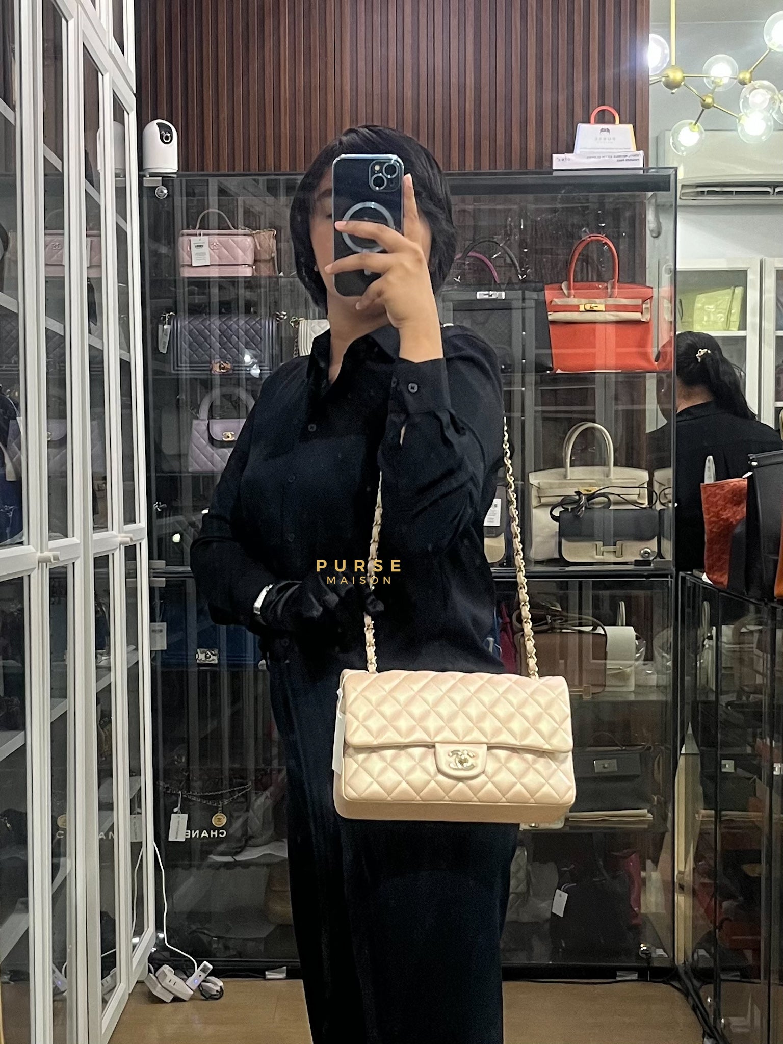 Classic Medium Double Flap Beige Iridescent Calfskin Leather Light Gold Hardware Series 31 | Purse Maison Luxury Bags Shop