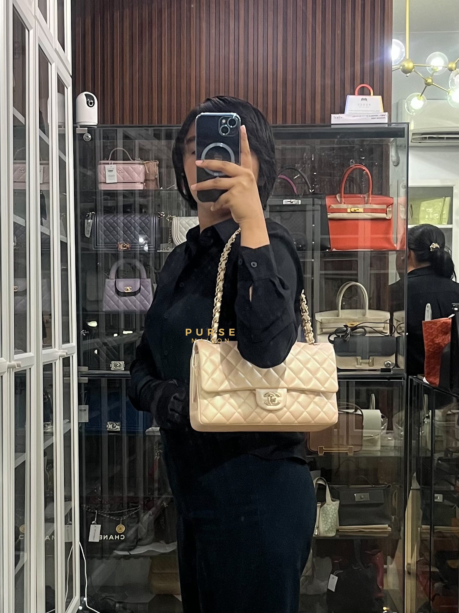 Classic Medium Double Flap Beige Iridescent Calfskin Leather Light Gold Hardware Series 31 | Purse Maison Luxury Bags Shop