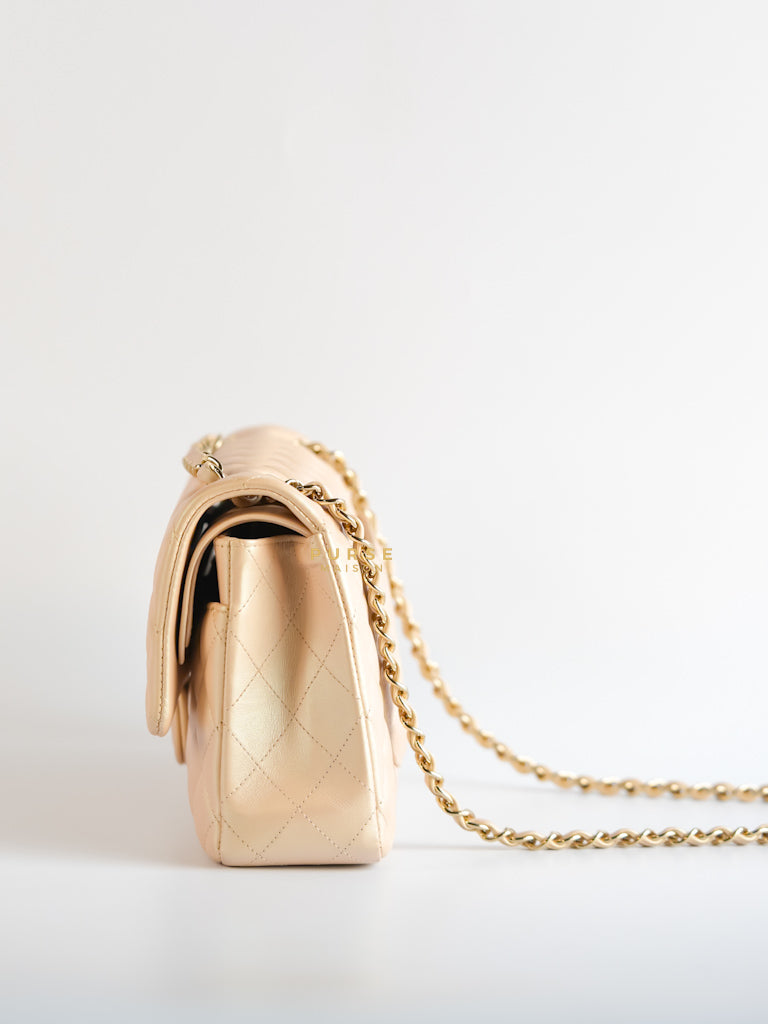 Classic Medium Double Flap Beige Iridescent Calfskin Leather Light Gold Hardware Series 31 | Purse Maison Luxury Bags Shop