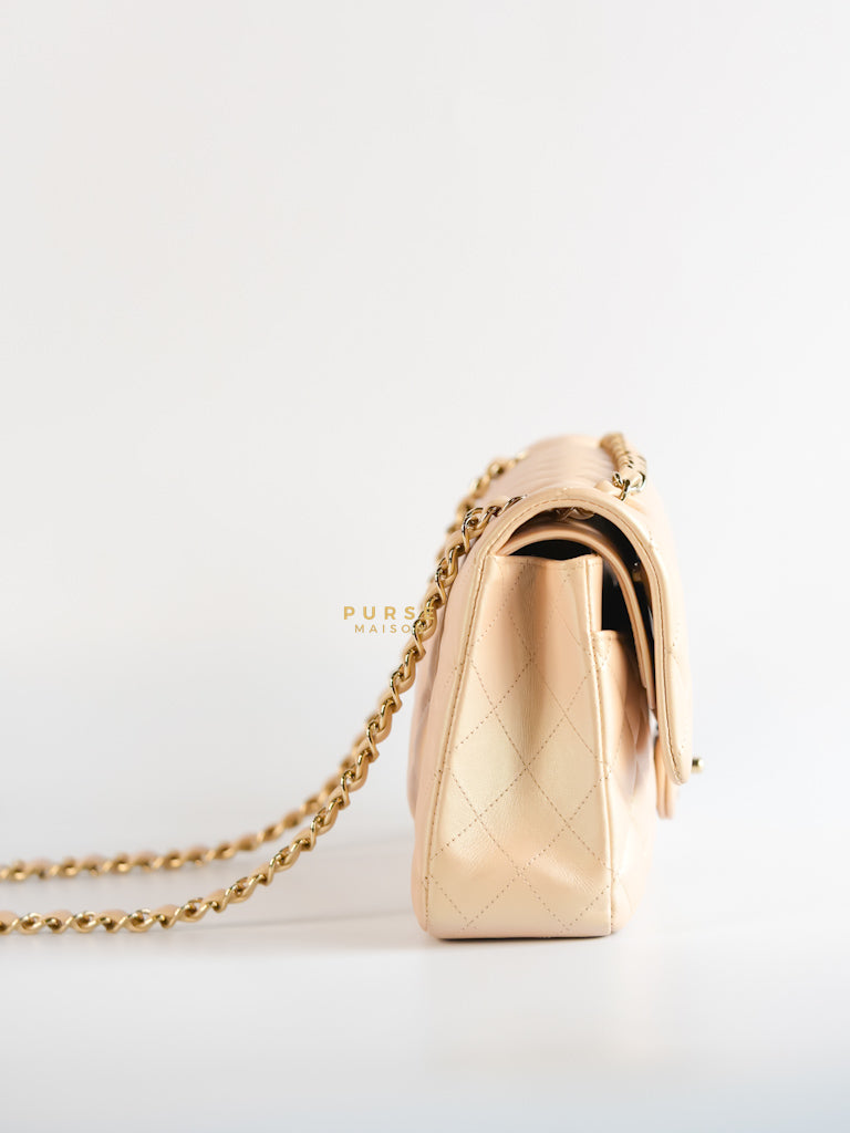 Classic Medium Double Flap Beige Iridescent Calfskin Leather Light Gold Hardware Series 31 | Purse Maison Luxury Bags Shop