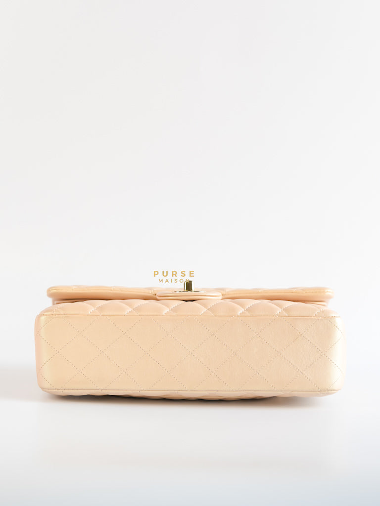 Classic Medium Double Flap Beige Iridescent Calfskin Leather Light Gold Hardware Series 31 | Purse Maison Luxury Bags Shop