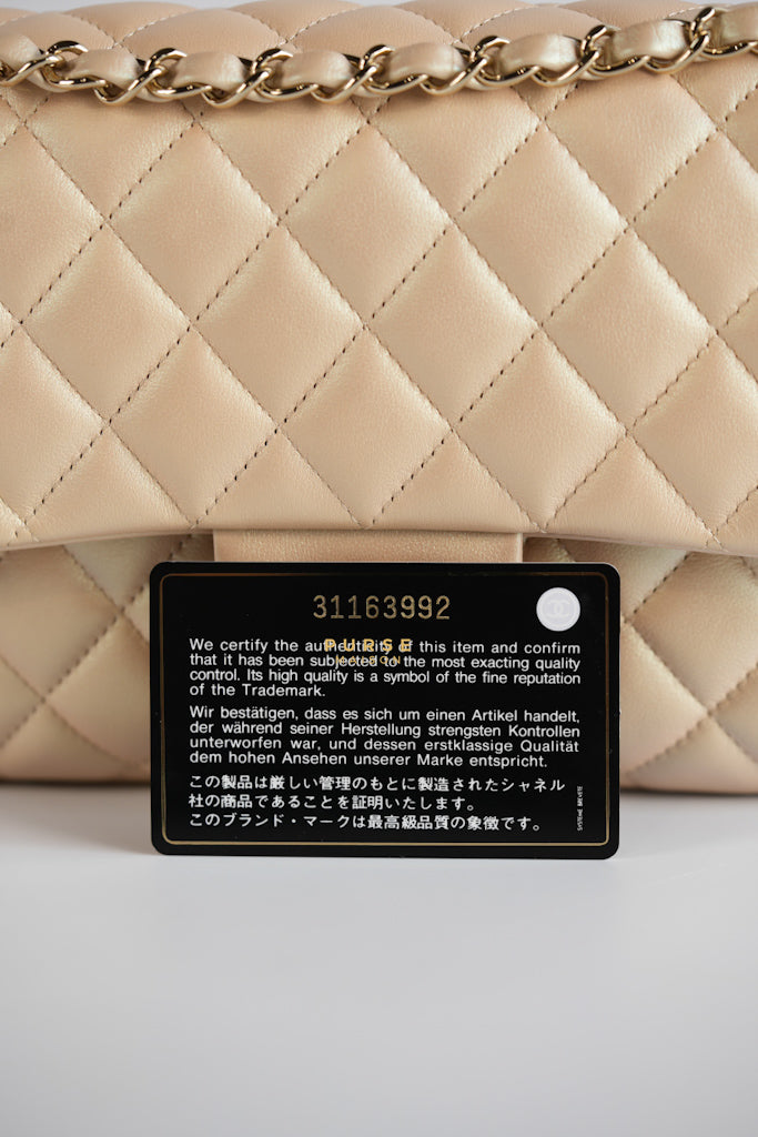 Classic Medium Double Flap Beige Iridescent Calfskin Leather Light Gold Hardware Series 31 | Purse Maison Luxury Bags Shop