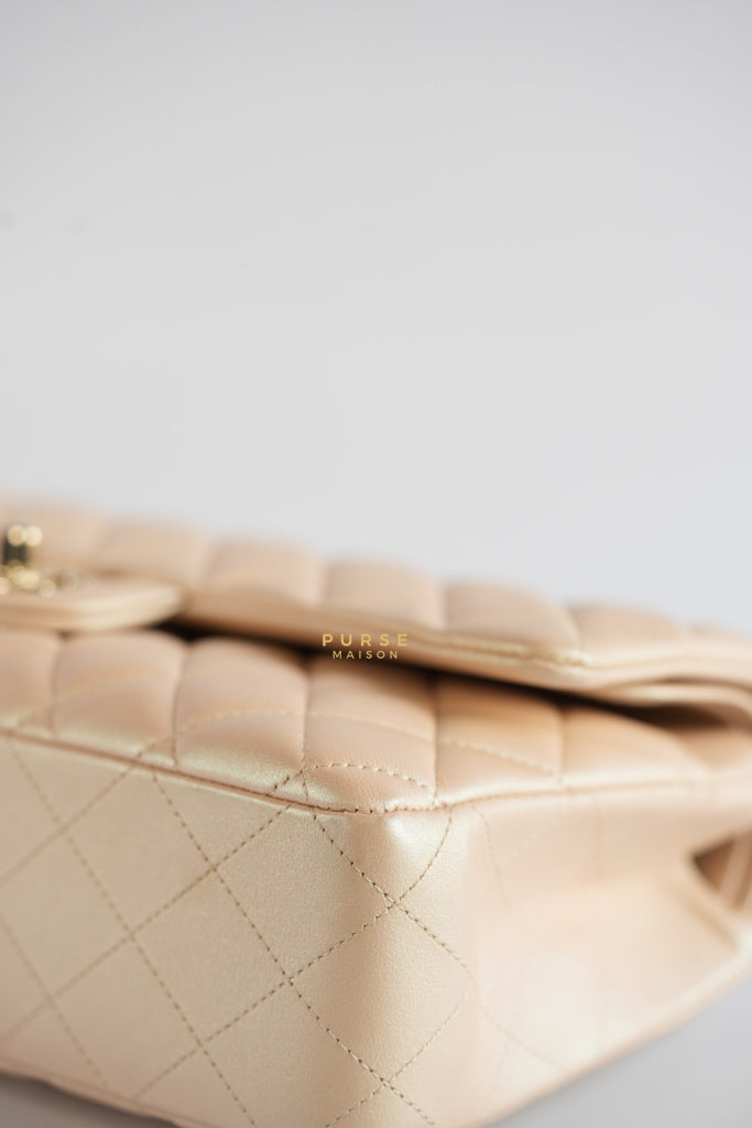 Classic Medium Double Flap Beige Iridescent Calfskin Leather Light Gold Hardware Series 31 | Purse Maison Luxury Bags Shop