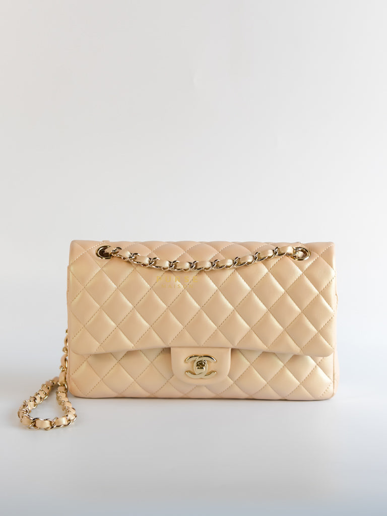 Classic Medium Double Flap Beige Iridescent Calfskin Leather Light Gold Hardware Series 31 | Purse Maison Luxury Bags Shop
