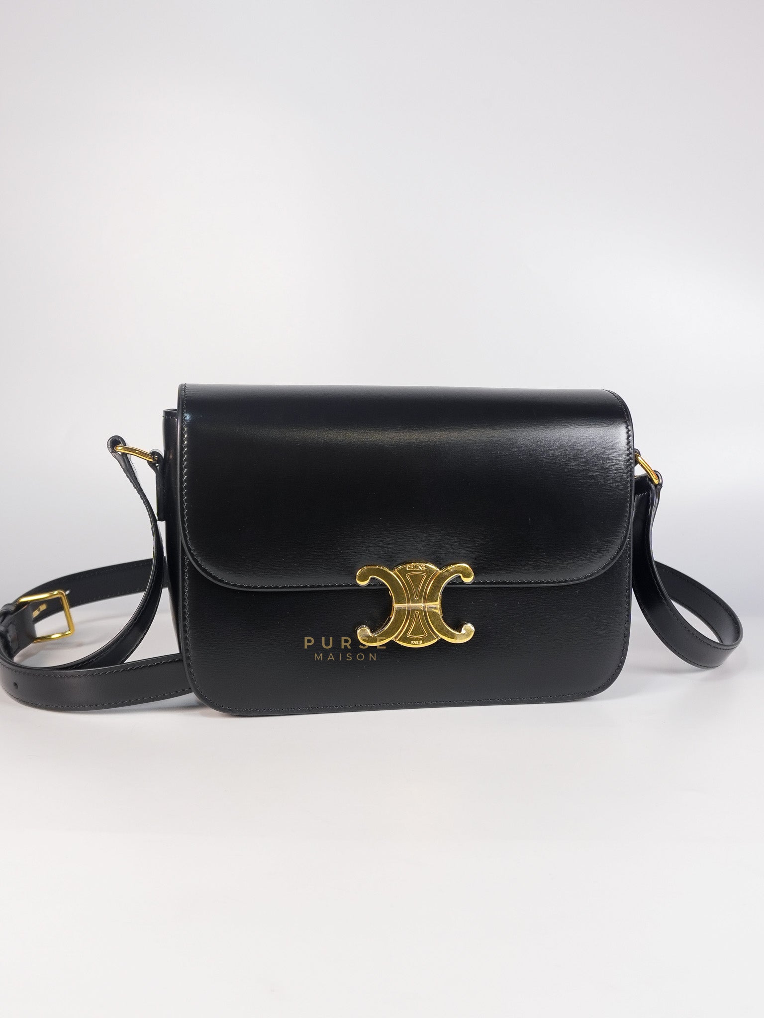 Classic Medium Triomphe in Black Shiny Calfskin Leather | Purse Maison Luxury Bags Shop