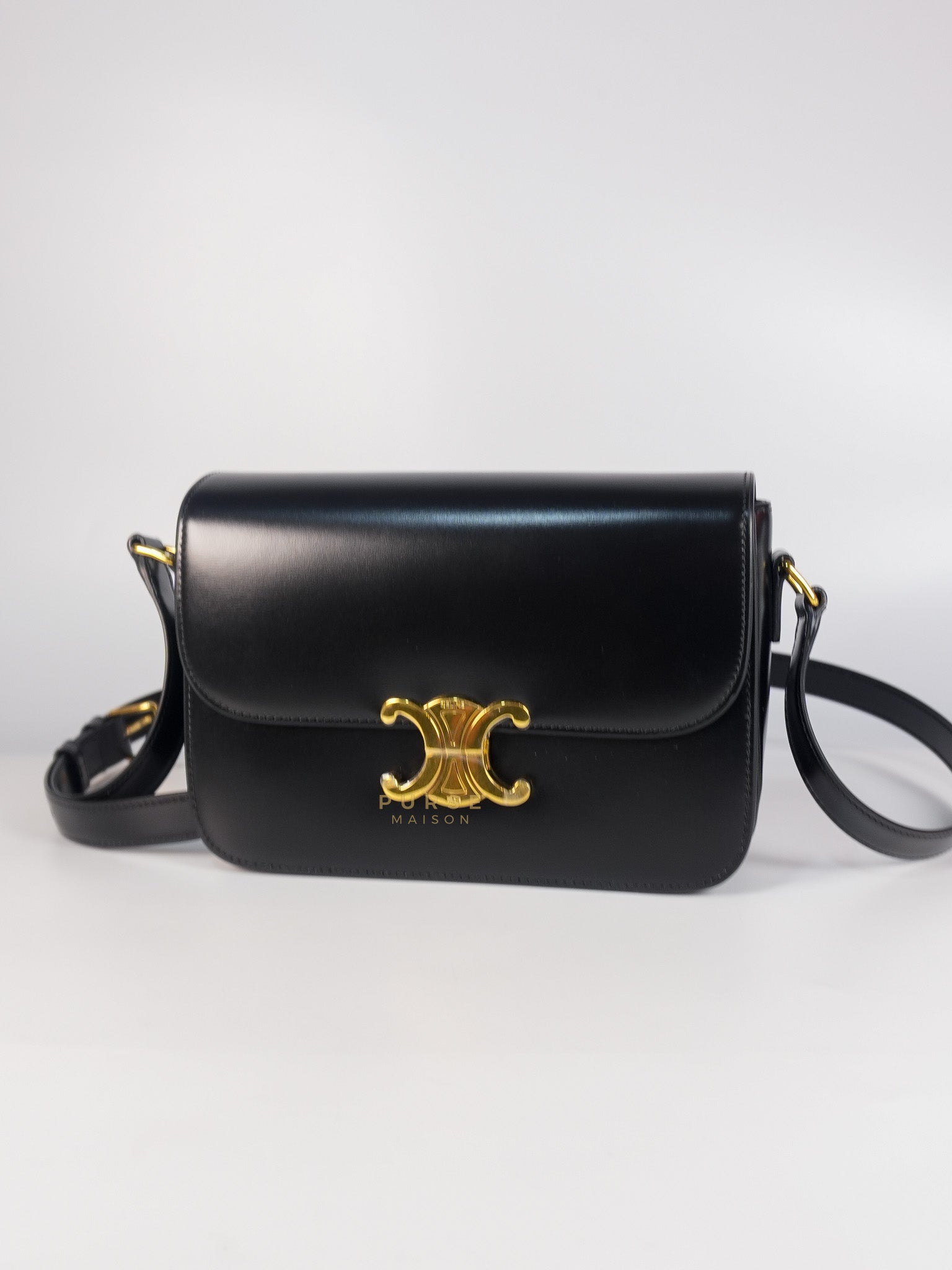 Classic Medium Triomphe in Black Shiny Calfskin Leather | Purse Maison Luxury Bags Shop