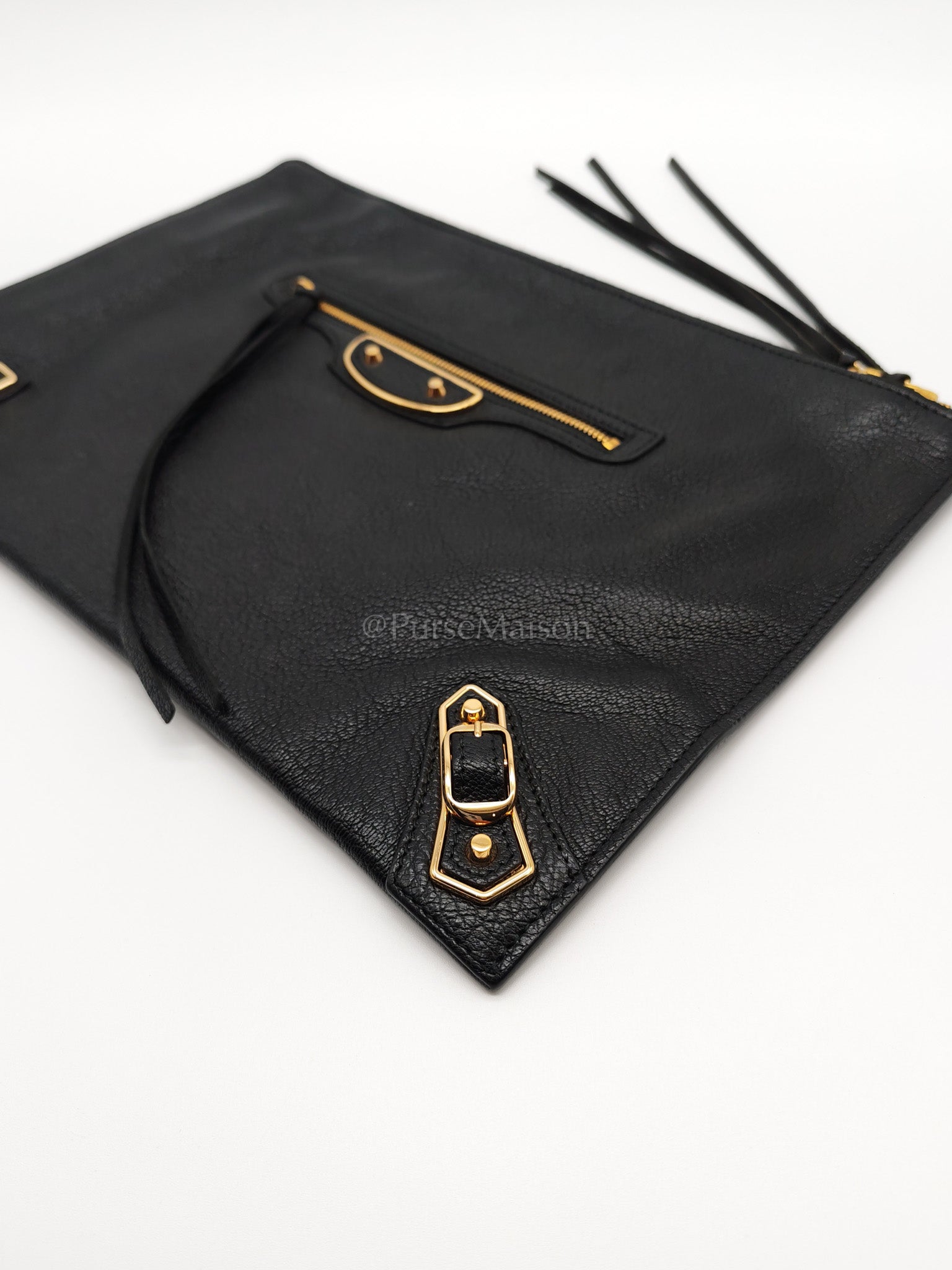 Classic Metallic Edge Clutch in Black Calfskin Leather | Purse Maison Luxury Bags Shop