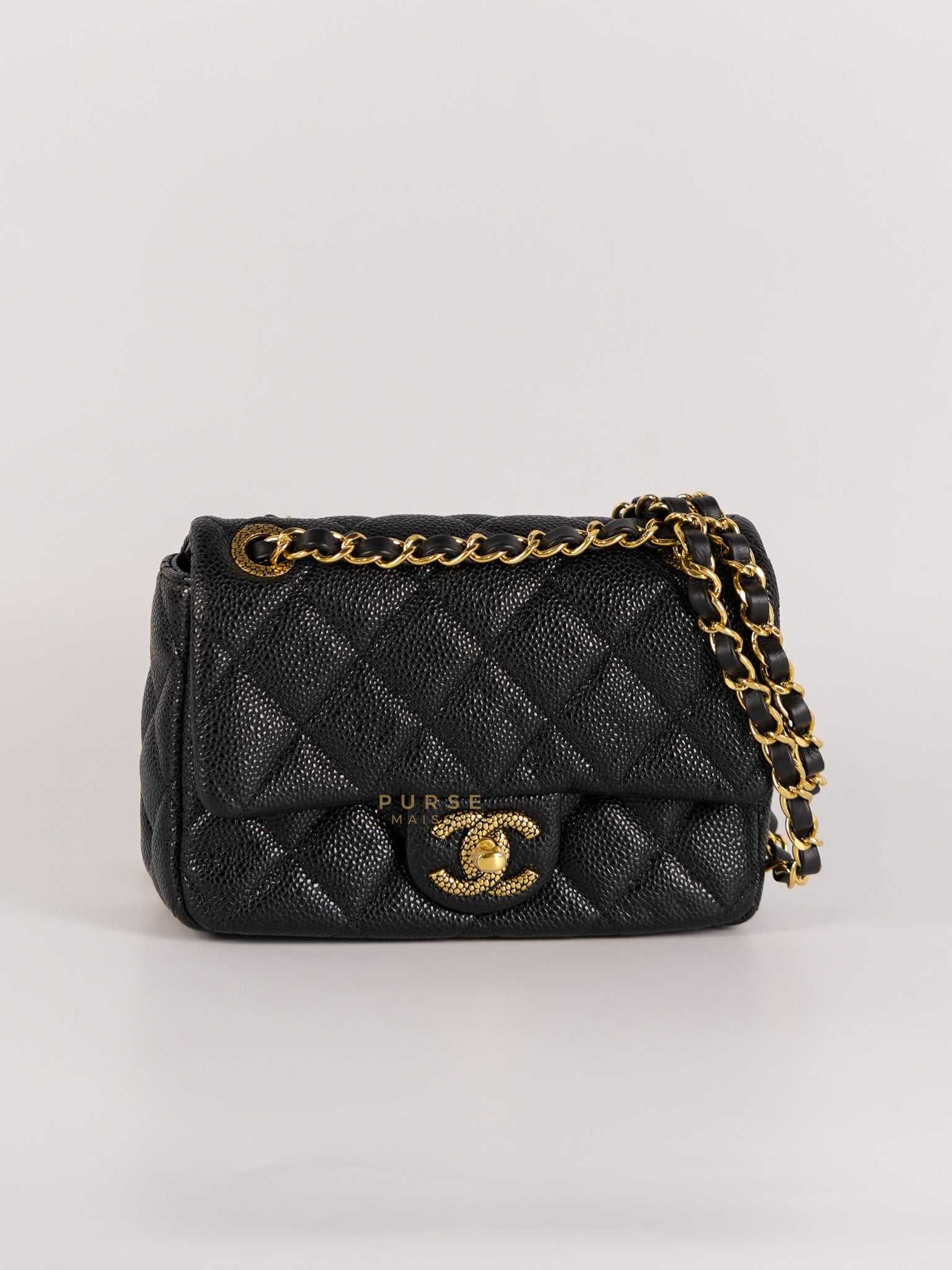 Classic Mini Flap in Black Quilted Caviar Leather and Gold Hardware (Microchip) | Purse Maison Luxury Bags Shop