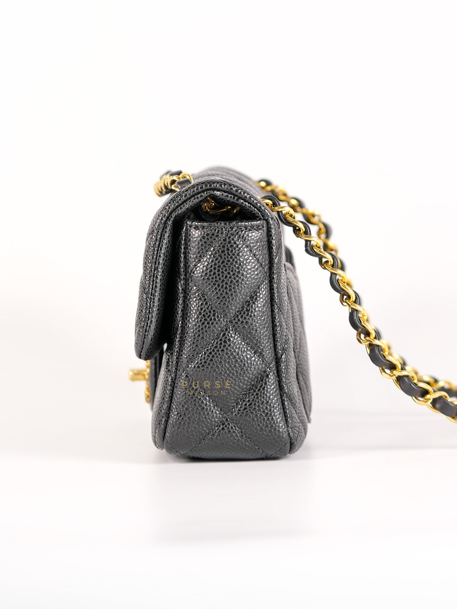 Classic Mini Flap in Black Quilted Caviar Leather and Gold Hardware (Microchip) | Purse Maison Luxury Bags Shop