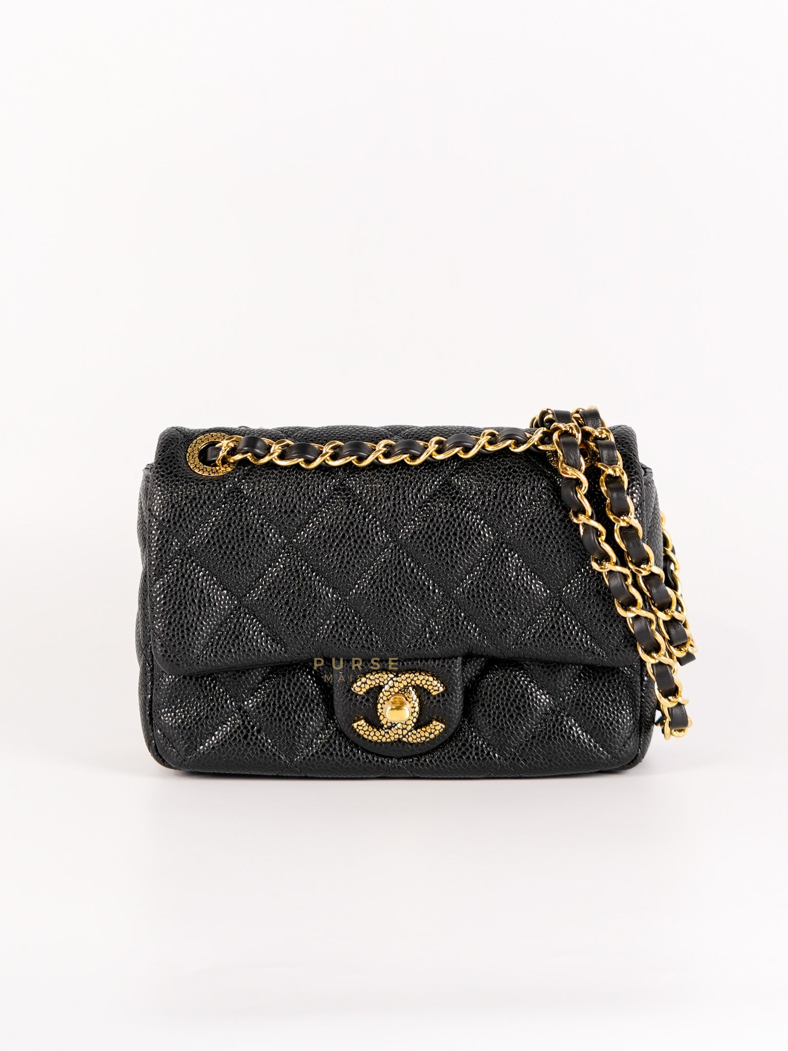 Classic Mini Flap in Black Quilted Caviar Leather and Gold Hardware (Microchip) | Purse Maison Luxury Bags Shop