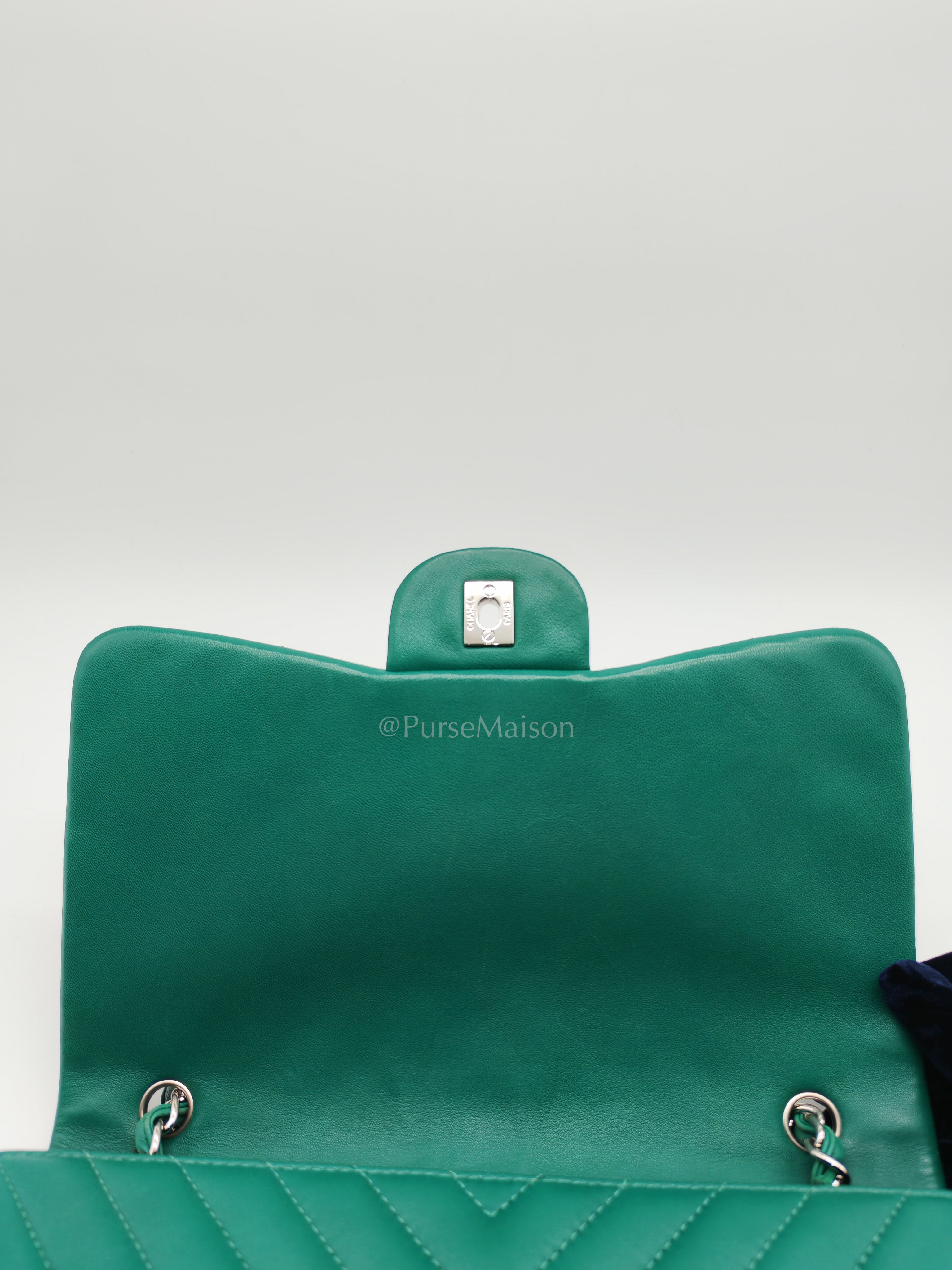 Classic Single Flap in Green Chevron Lambskin Leather & Silver Hardware (Series 13) | Purse Maison Luxury Bags Shop