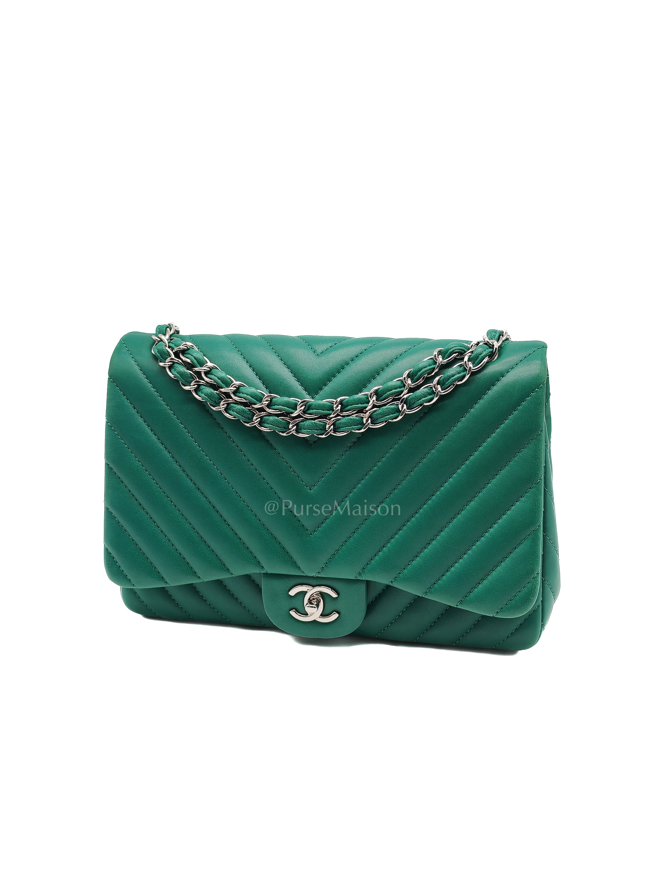 Classic Single Flap in Green Chevron Lambskin Leather & Silver Hardware (Series 13) | Purse Maison Luxury Bags Shop