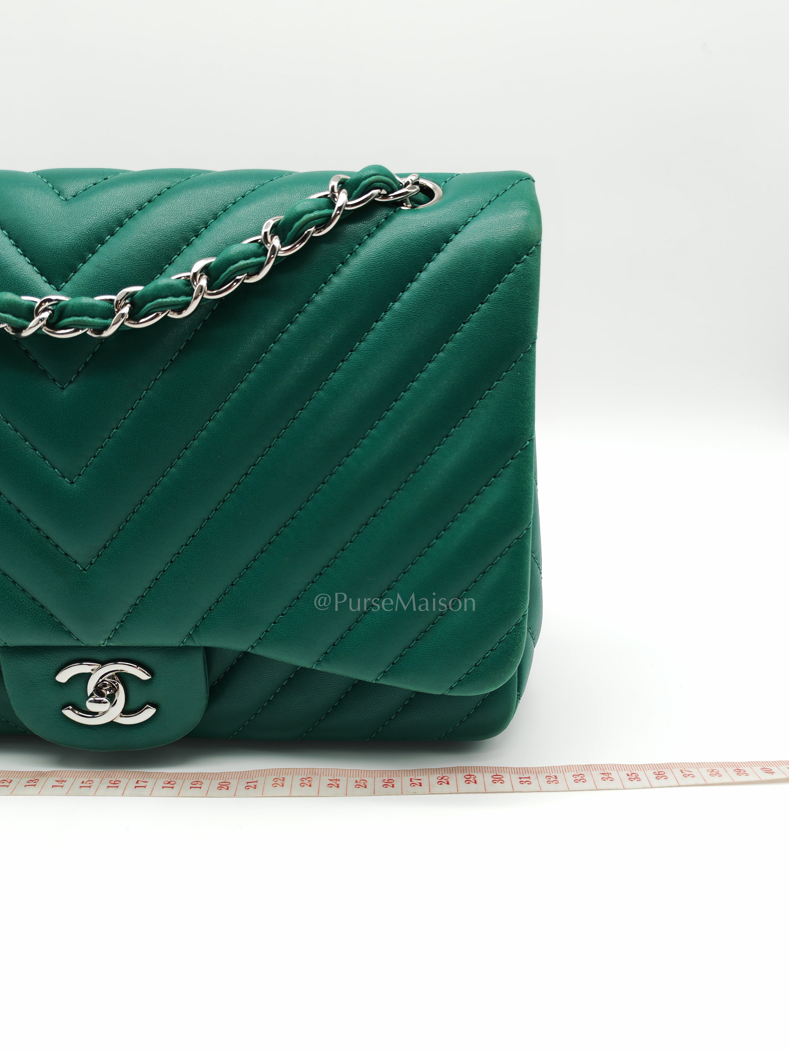 Classic Single Flap in Green Chevron Lambskin Leather & Silver Hardware (Series 13) | Purse Maison Luxury Bags Shop