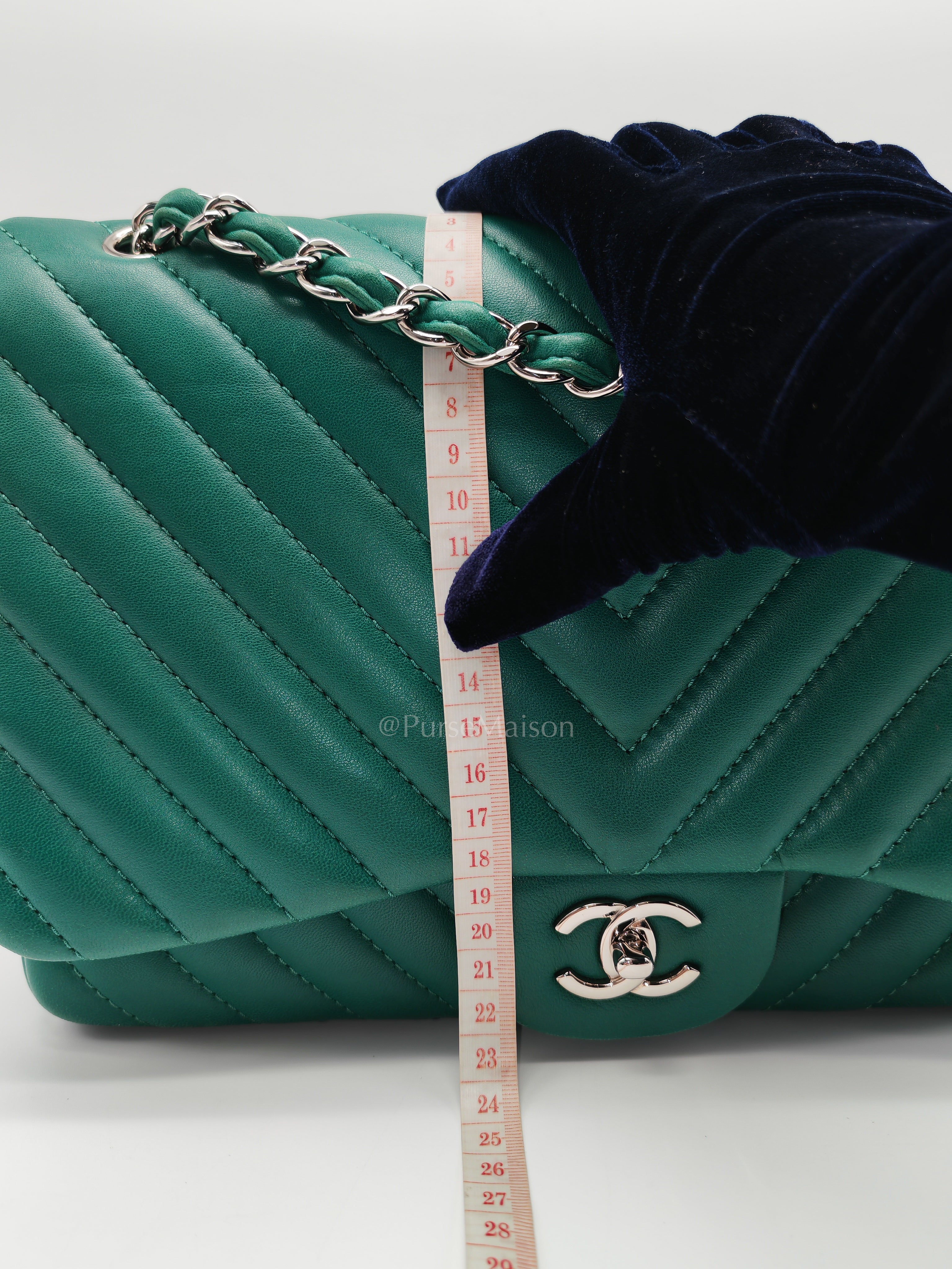 Classic Single Flap in Green Chevron Lambskin Leather & Silver Hardware (Series 13) | Purse Maison Luxury Bags Shop