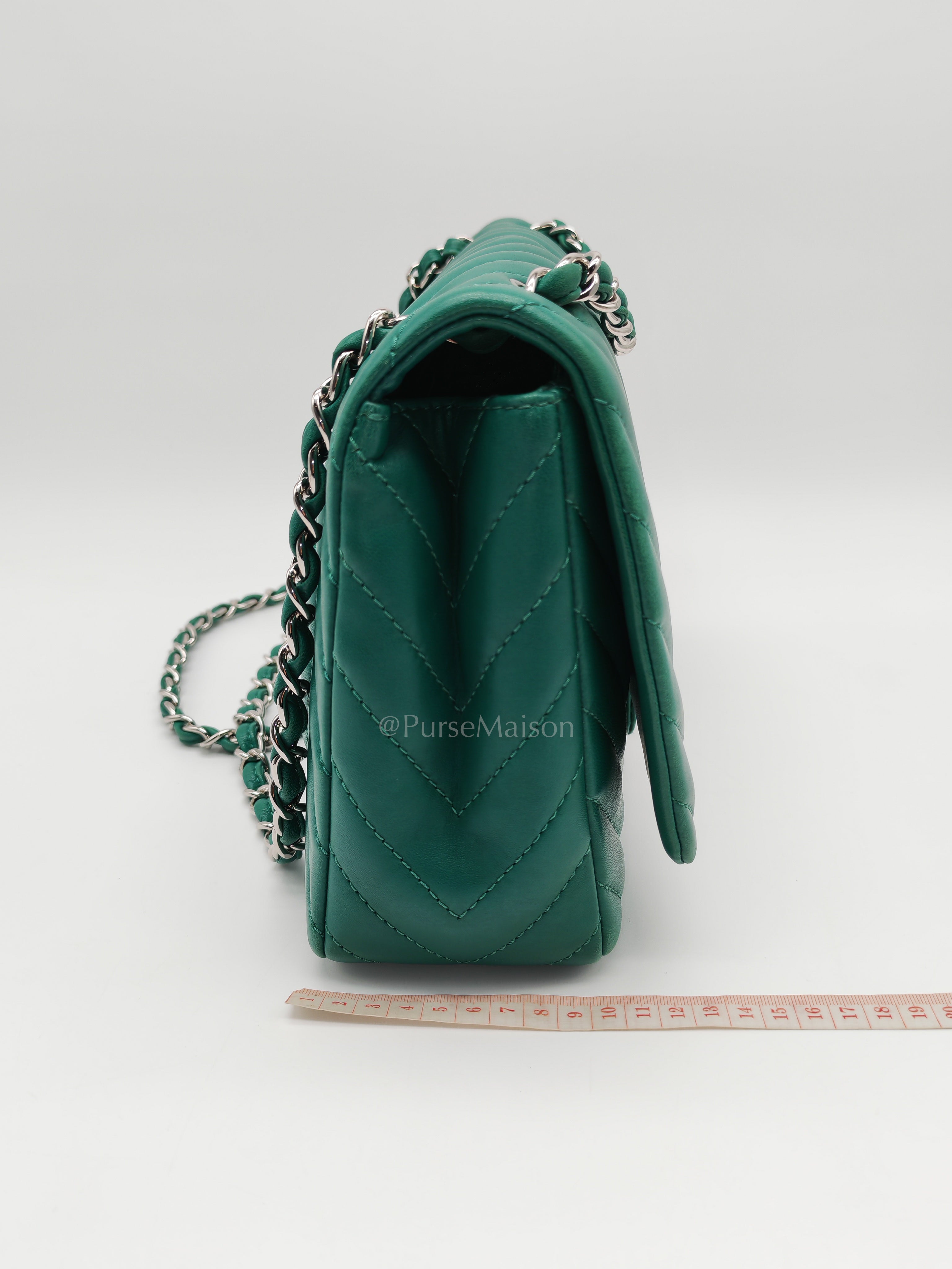 Classic Single Flap in Green Chevron Lambskin Leather & Silver Hardware (Series 13) | Purse Maison Luxury Bags Shop