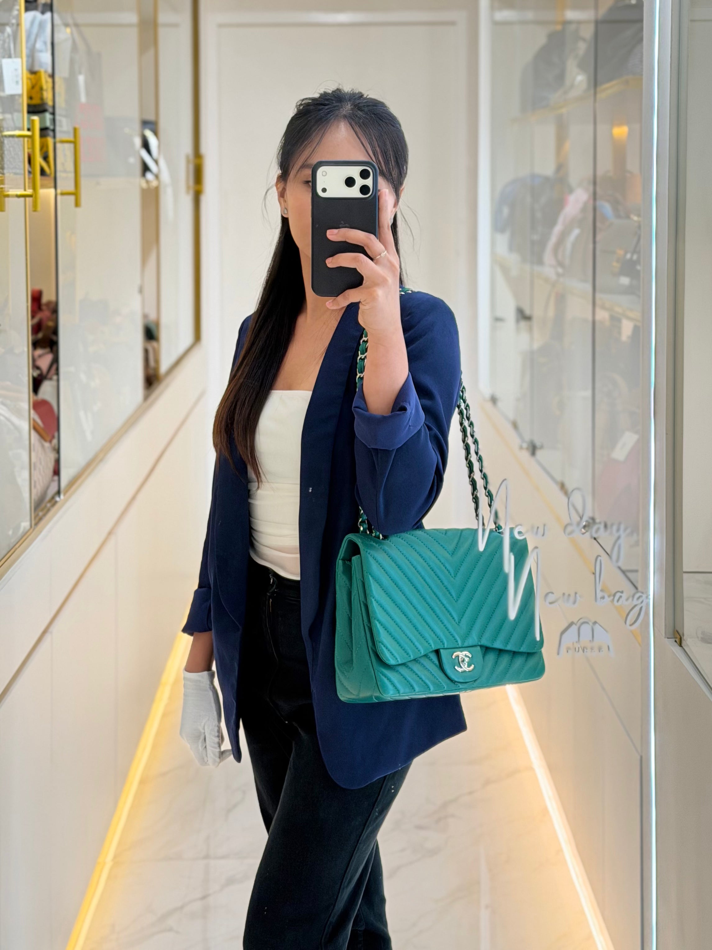 Classic Single Flap in Green Chevron Lambskin Leather & Silver Hardware (Series 13) | Purse Maison Luxury Bags Shop