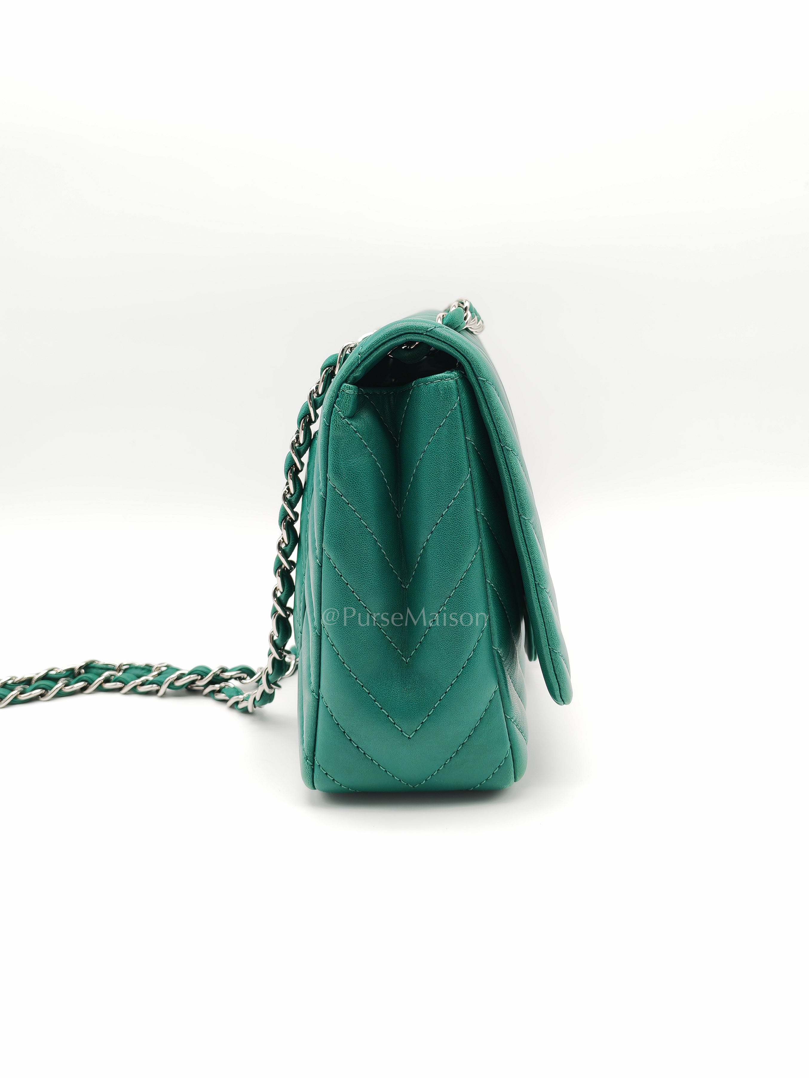 Classic Single Flap in Green Chevron Lambskin Leather & Silver Hardware (Series 13) | Purse Maison Luxury Bags Shop