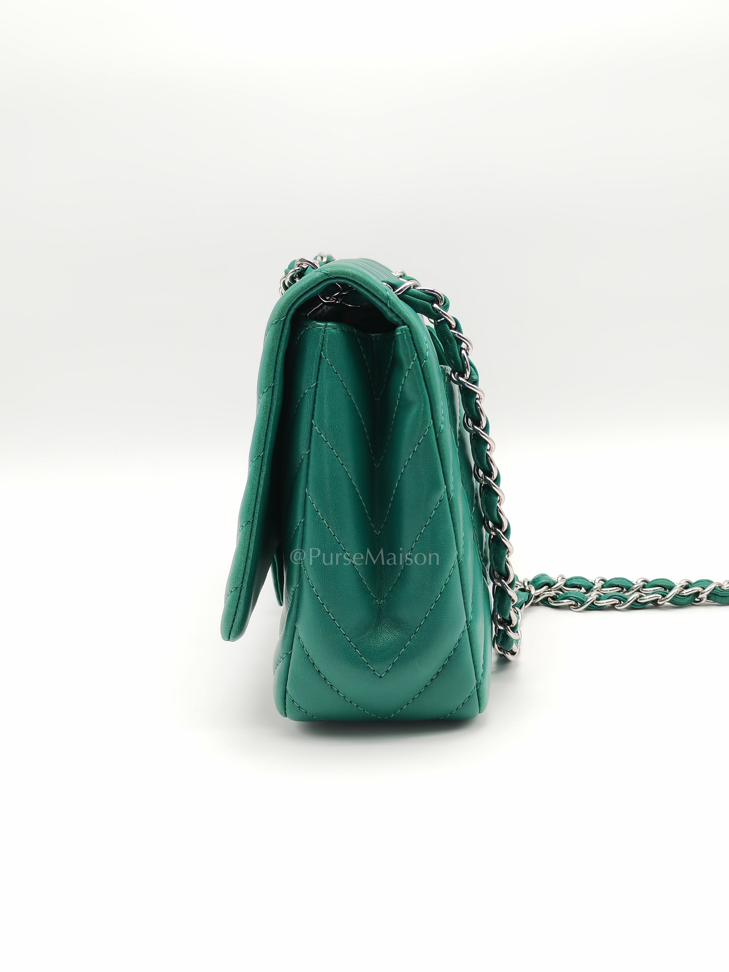 Classic Single Flap in Green Chevron Lambskin Leather & Silver Hardware (Series 13) | Purse Maison Luxury Bags Shop