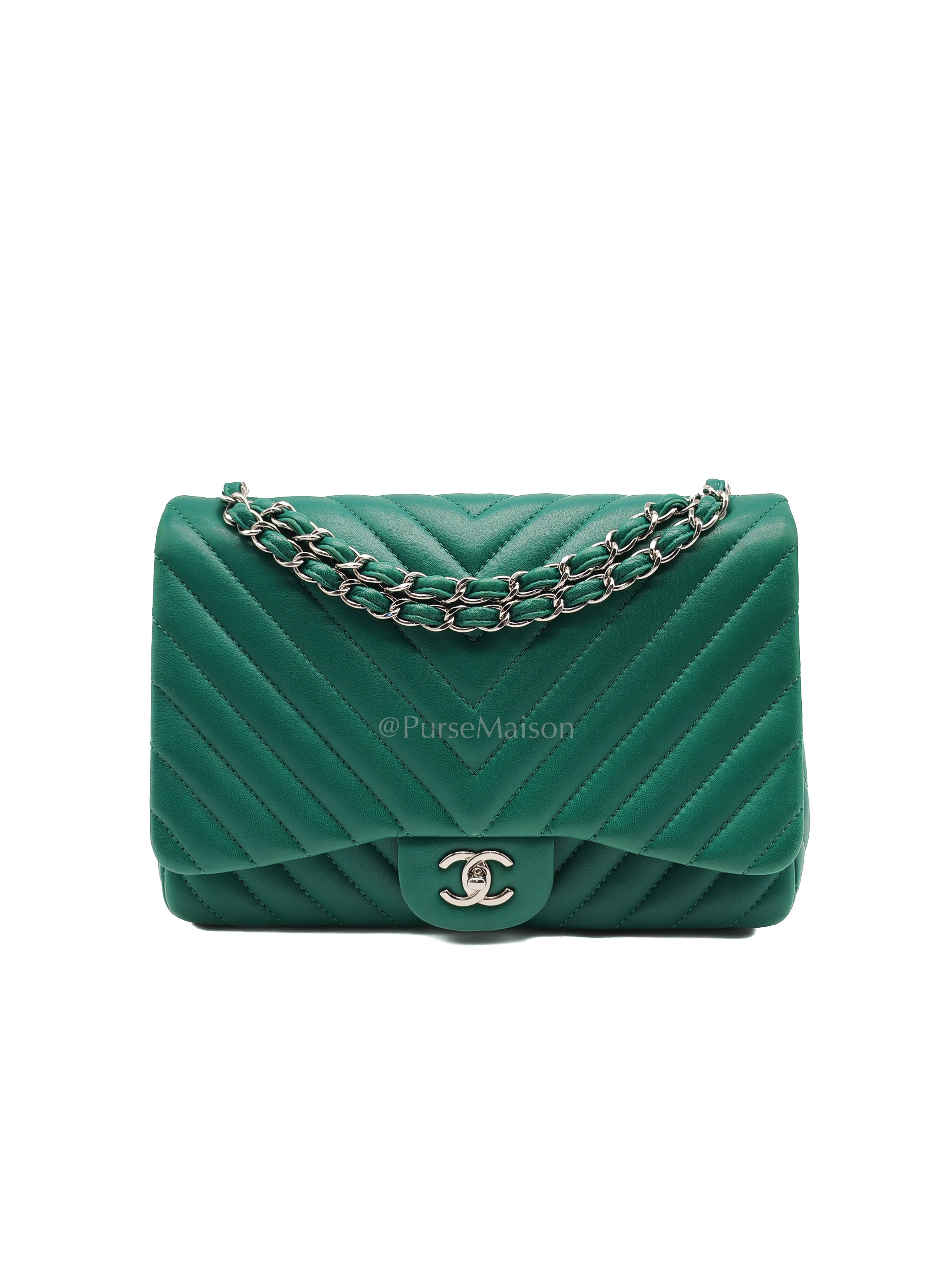 Classic Single Flap in Green Chevron Lambskin Leather & Silver Hardware (Series 13) | Purse Maison Luxury Bags Shop