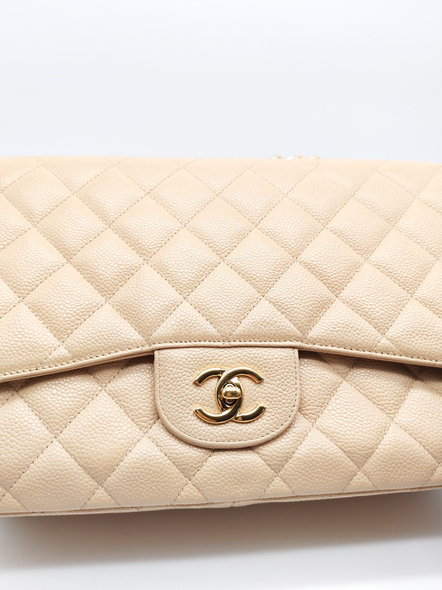 Classic Single Flap Jumbo Claire Beige Caviar Leather in Gold Hardware (Series 13) | Purse Maison Luxury Bags Shop