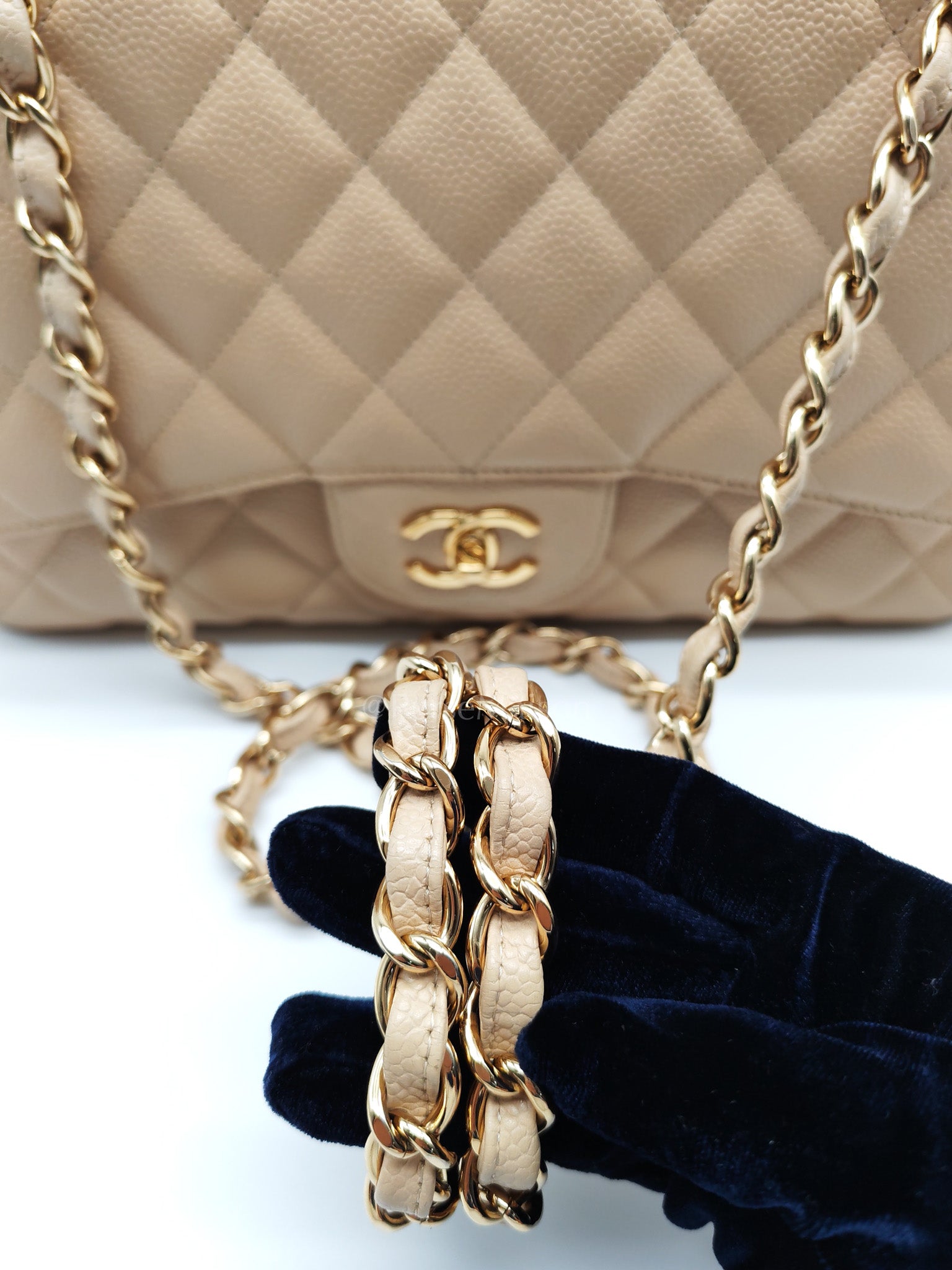 Classic Single Flap Jumbo Claire Beige Caviar Leather in Gold Hardware (Series 13) | Purse Maison Luxury Bags Shop