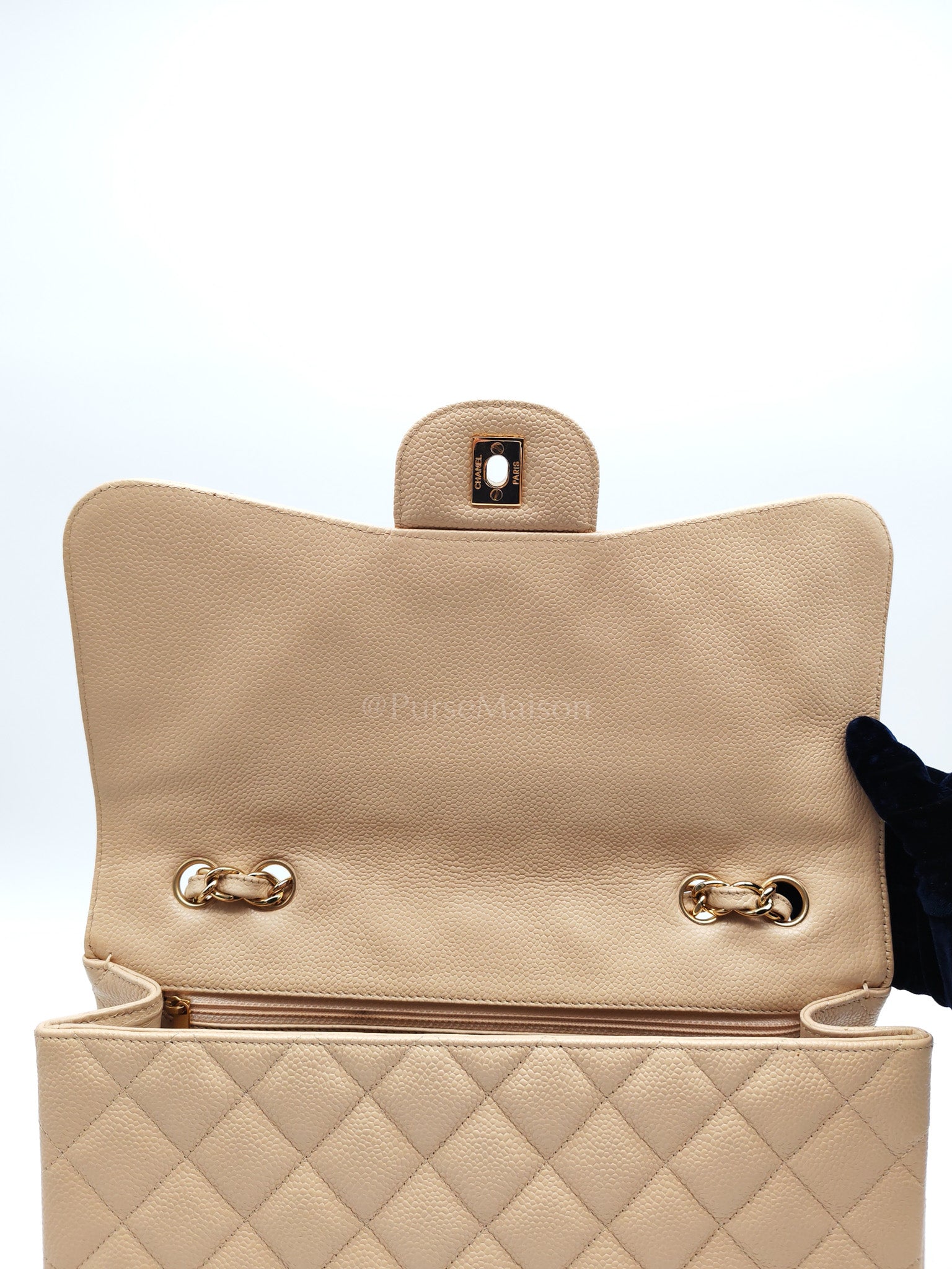 Classic Single Flap Jumbo Claire Beige Caviar Leather in Gold Hardware (Series 13) | Purse Maison Luxury Bags Shop
