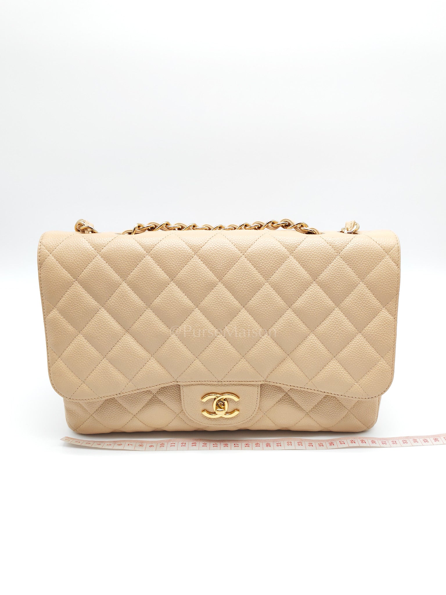 Classic Single Flap Jumbo Claire Beige Caviar Leather in Gold Hardware (Series 13) | Purse Maison Luxury Bags Shop