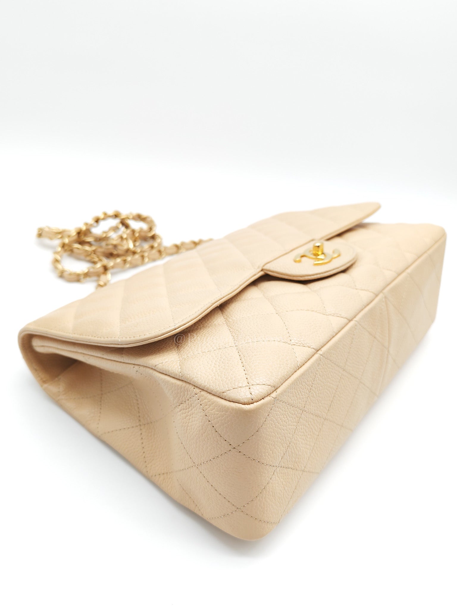Classic Single Flap Jumbo Claire Beige Caviar Leather in Gold Hardware (Series 13) | Purse Maison Luxury Bags Shop