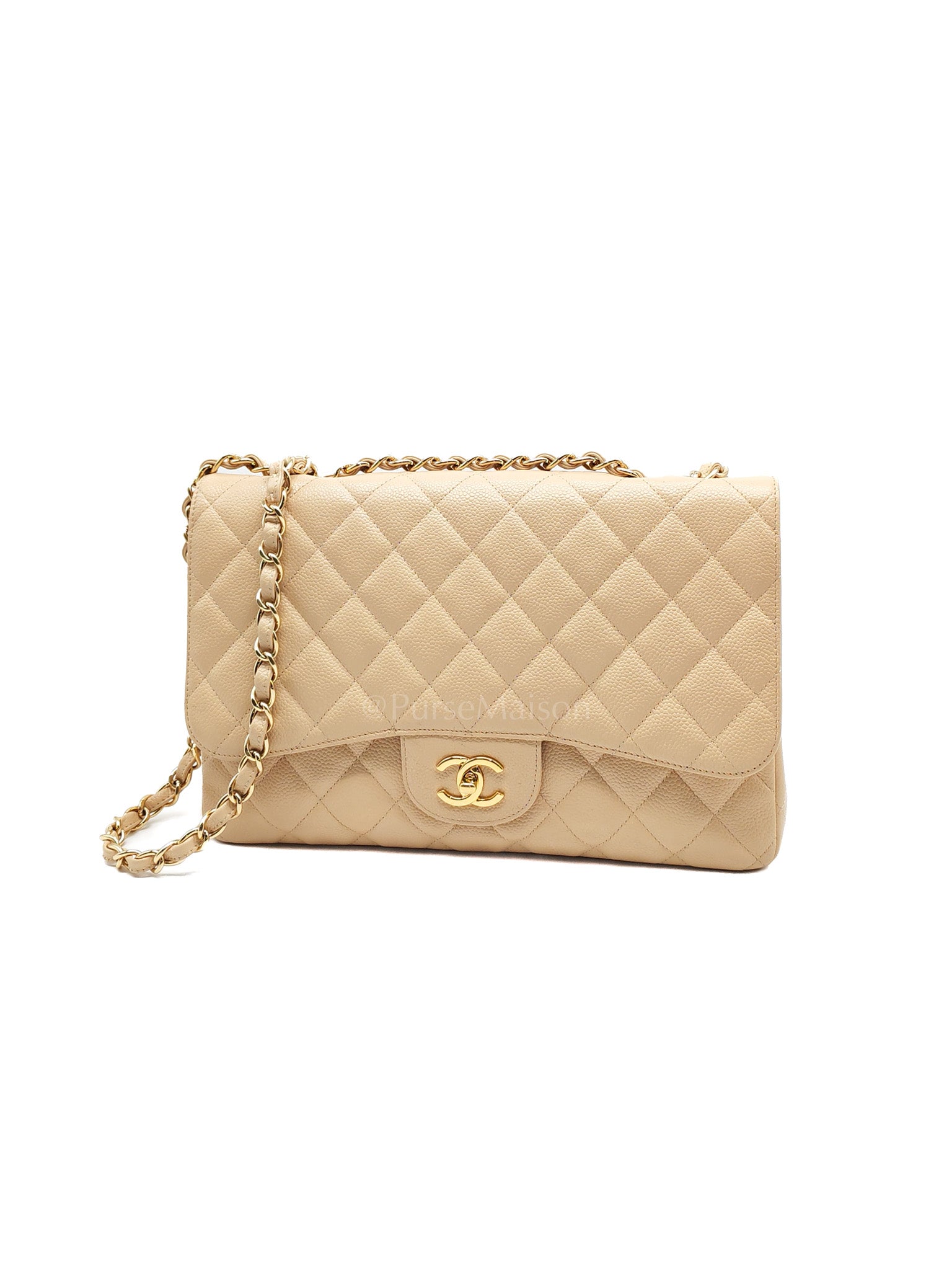 Classic Single Flap Jumbo Claire Beige Caviar Leather in Gold Hardware (Series 13) | Purse Maison Luxury Bags Shop