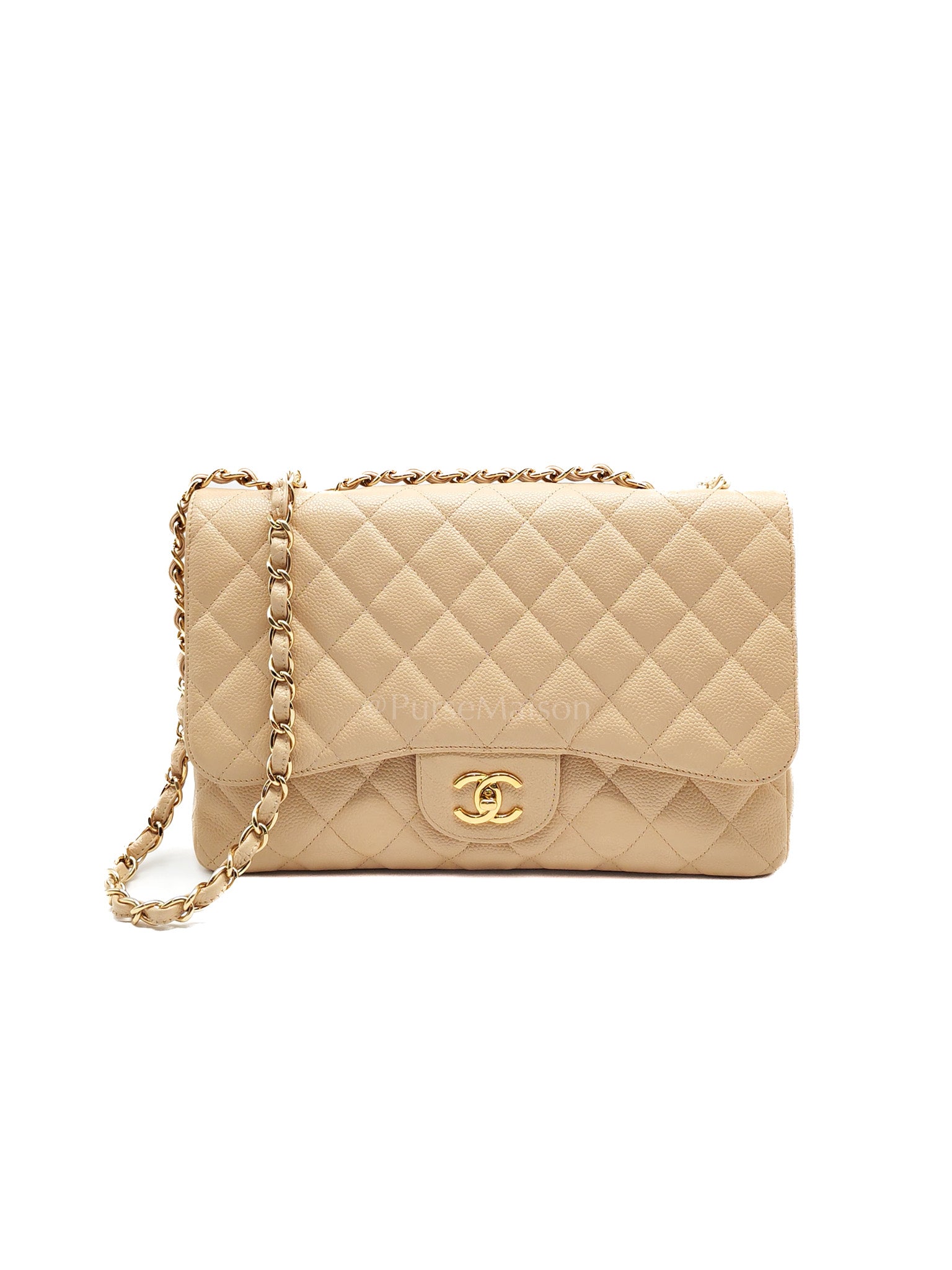 Classic Single Flap Jumbo Claire Beige Caviar Leather in Gold Hardware (Series 13) | Purse Maison Luxury Bags Shop