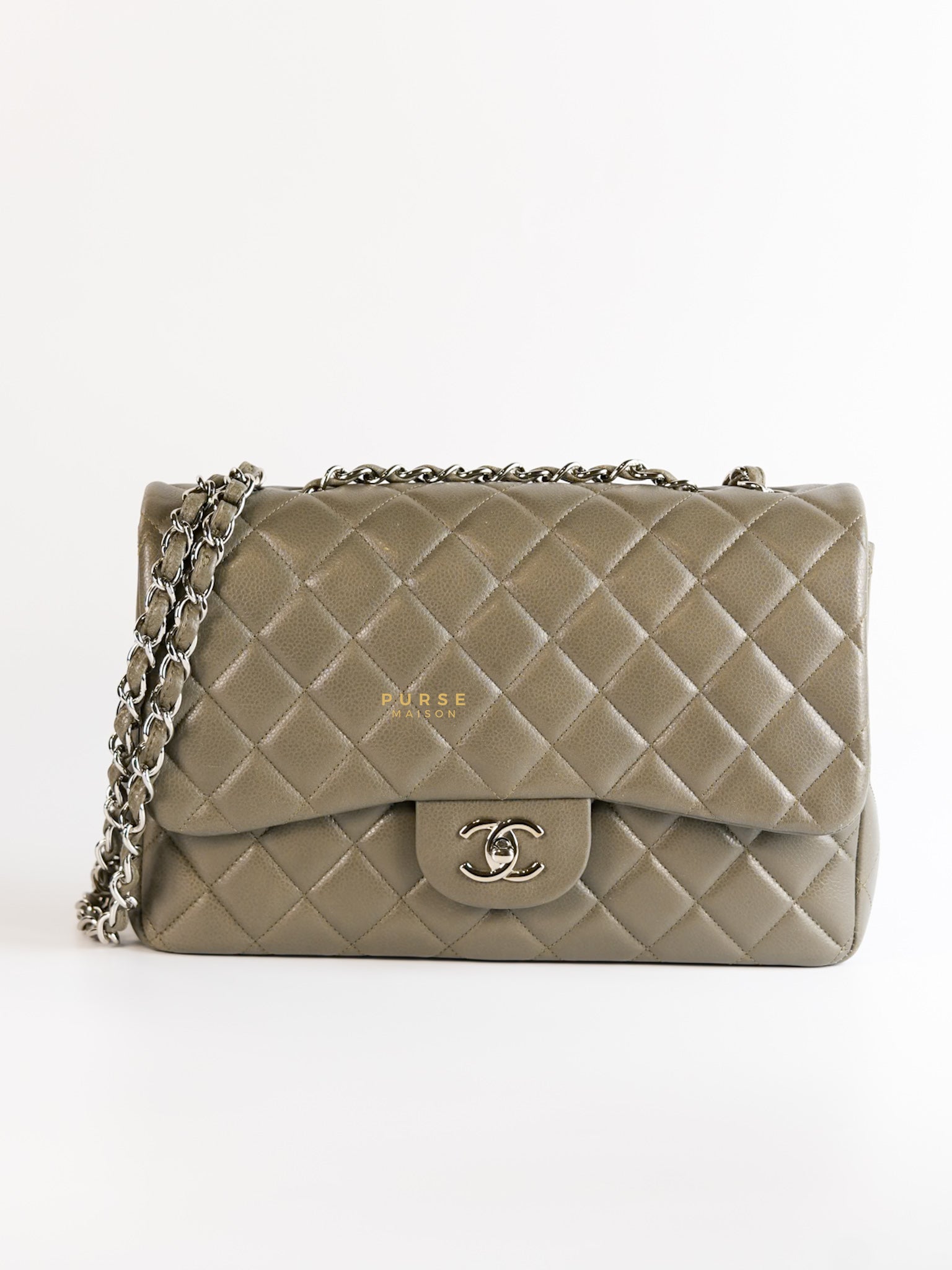 Classic Single Flap Jumbo Gray Caviar Leather and Silver Hardware Series 14 | Purse Maison Luxury Bags Shop