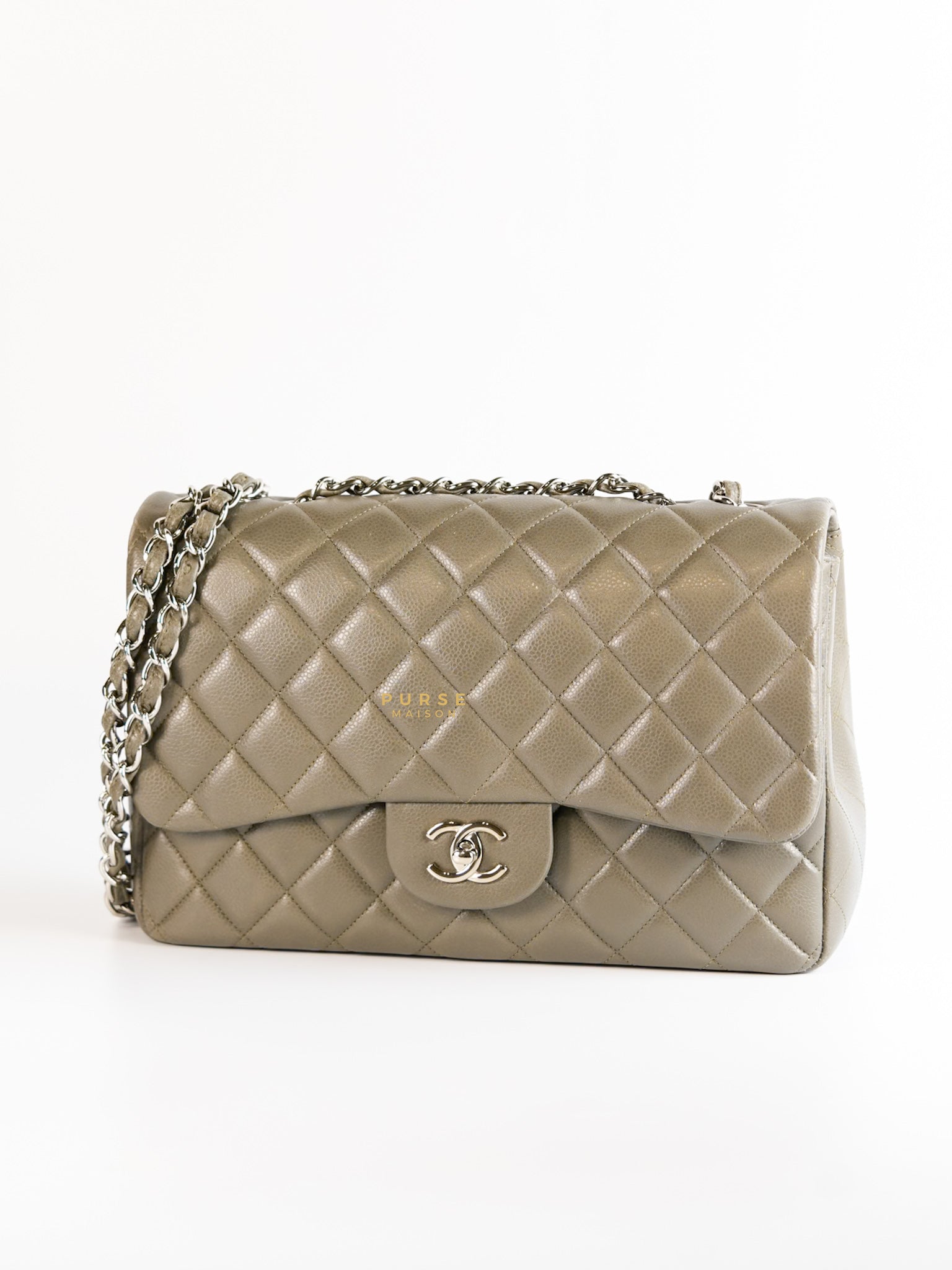 Classic Single Flap Jumbo Gray Caviar Leather and Silver Hardware Series 14 | Purse Maison Luxury Bags Shop