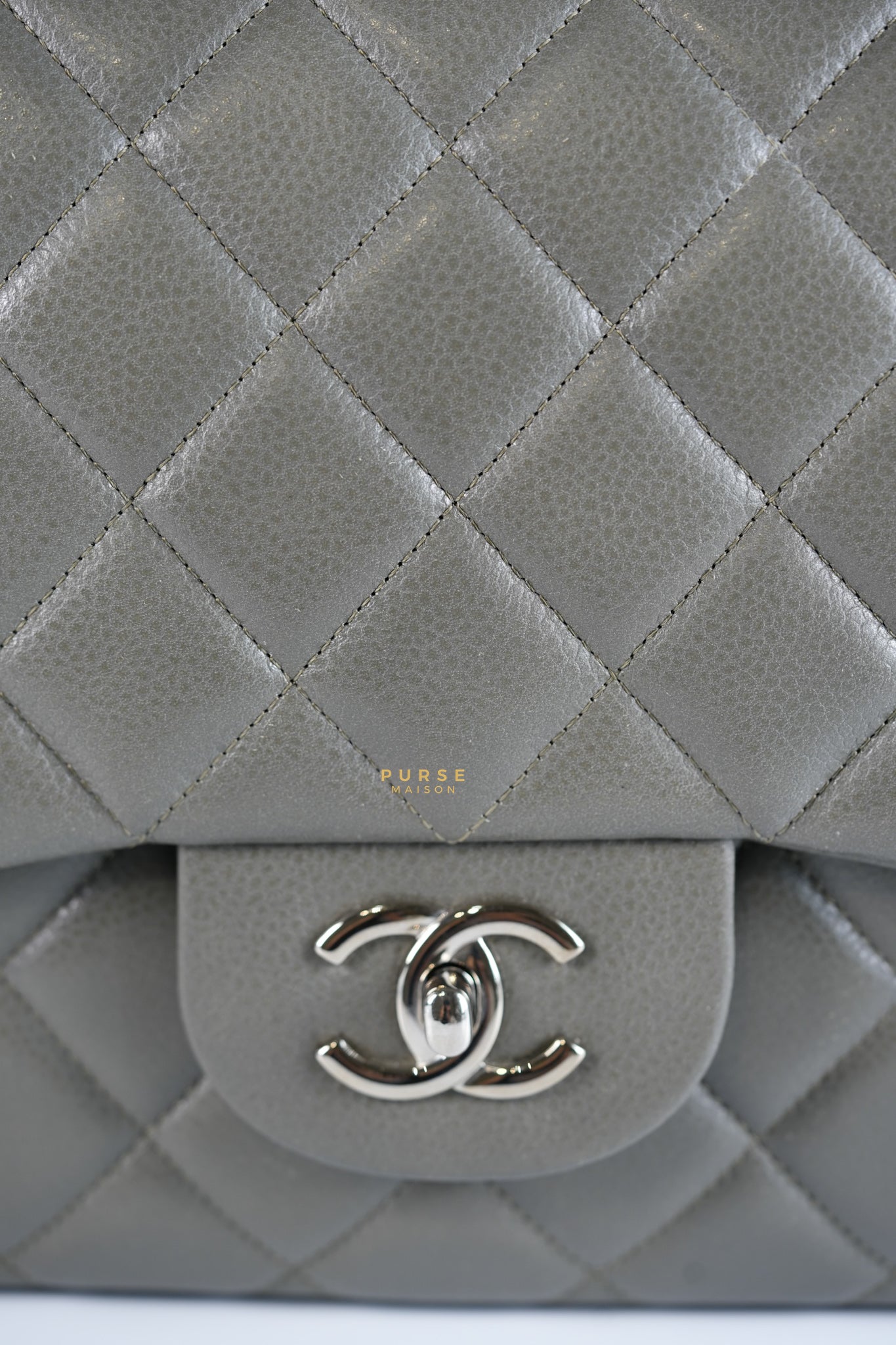 Classic Single Flap Jumbo Gray Caviar Leather and Silver Hardware Series 14 | Purse Maison Luxury Bags Shop