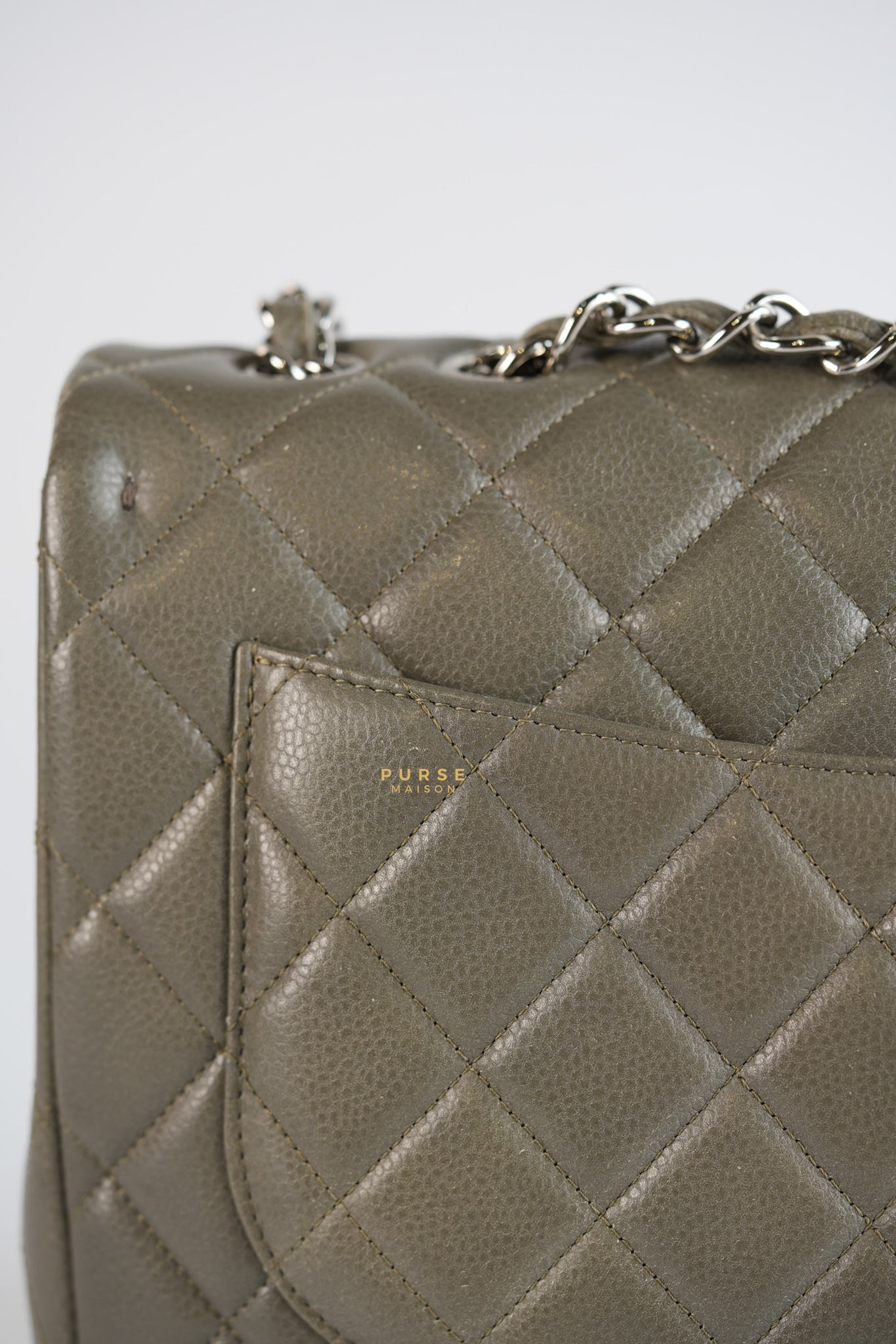 Classic Single Flap Jumbo Gray Caviar Leather and Silver Hardware Series 14 | Purse Maison Luxury Bags Shop