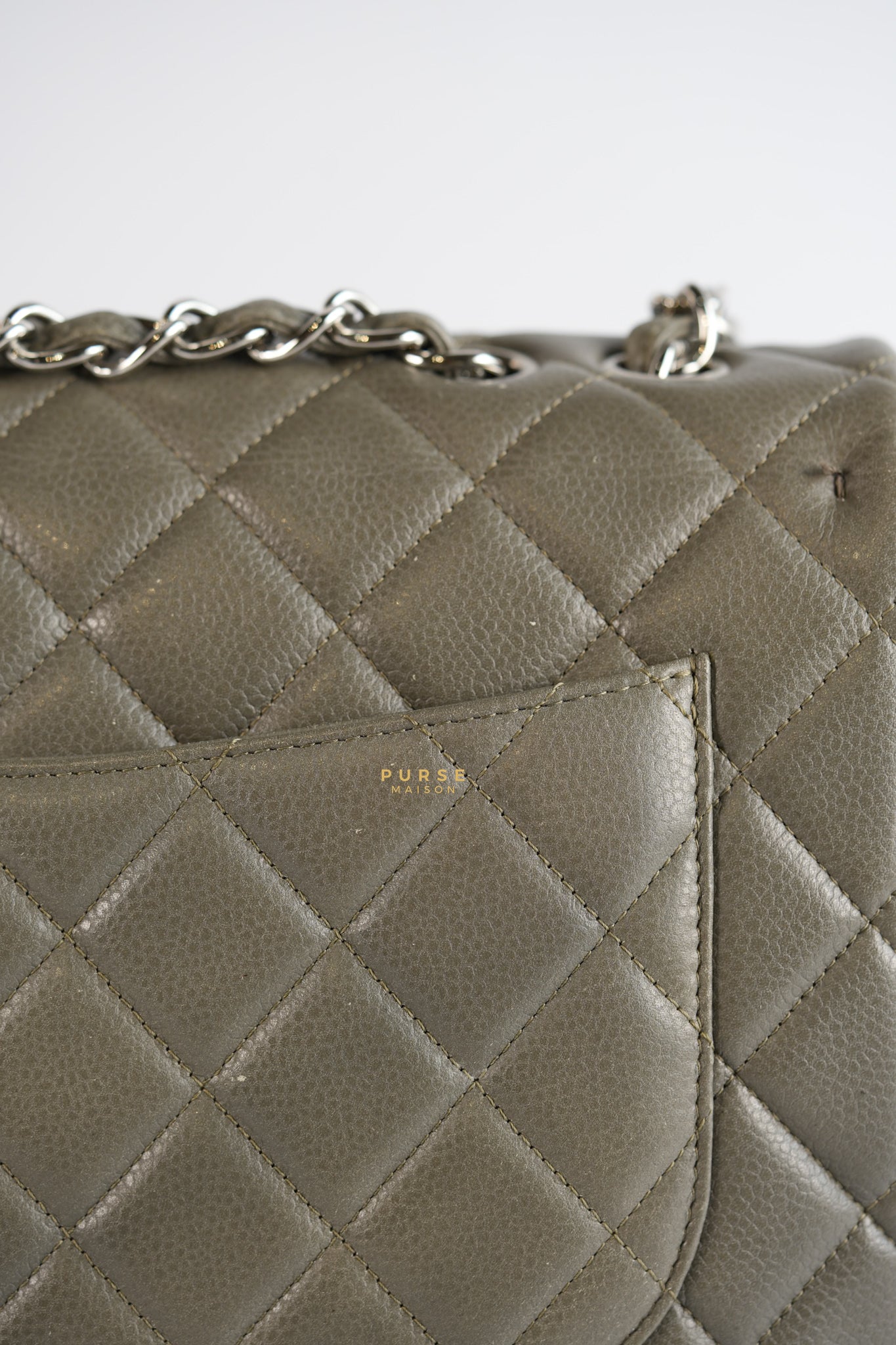 Classic Single Flap Jumbo Gray Caviar Leather and Silver Hardware Series 14 | Purse Maison Luxury Bags Shop