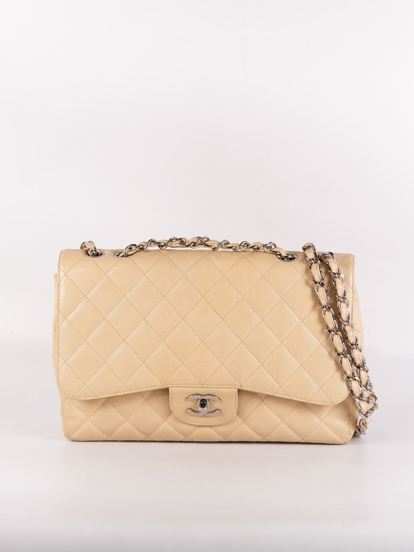 Classic Single Flap Jumbo in Beige and Silver Hardware Series 12 | Purse Maison Luxury Bags Shop