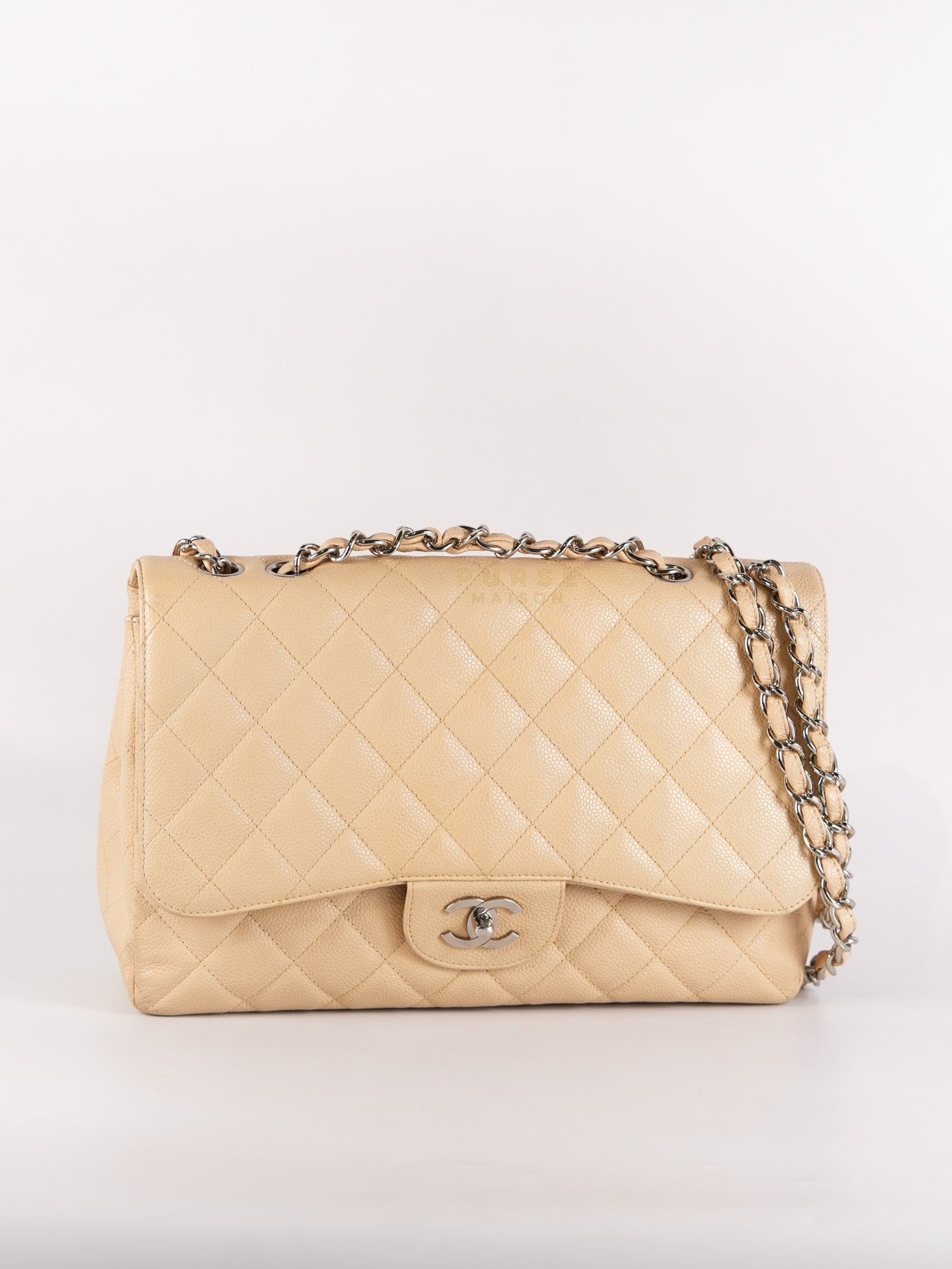 Classic Single Flap Jumbo in Beige and Silver Hardware Series 12 | Purse Maison Luxury Bags Shop