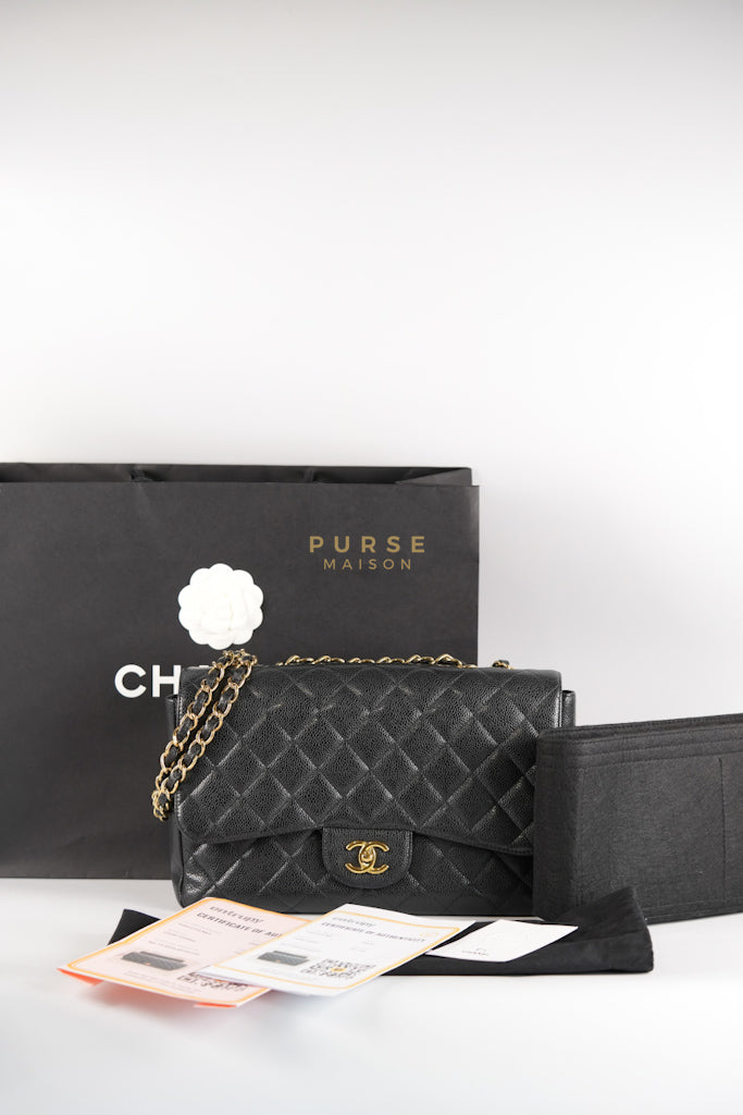 Classic Single Flap Jumbo in Black Quilted Caviar Leather & Gold Hardware Series 13 | Purse Maison Luxury Bags Shop