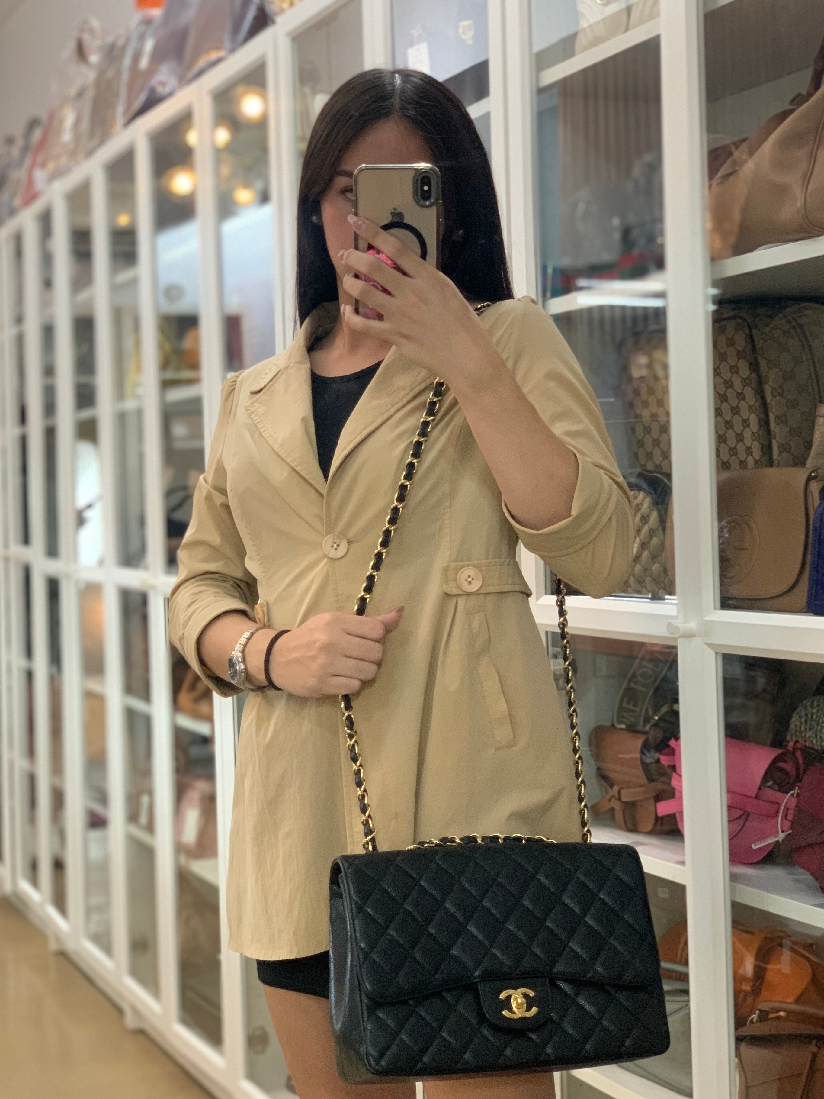 Classic Single Flap Jumbo in Black Quilted Caviar Leather & Gold Hardware (Series 13) | Purse Maison Luxury Bags Shop