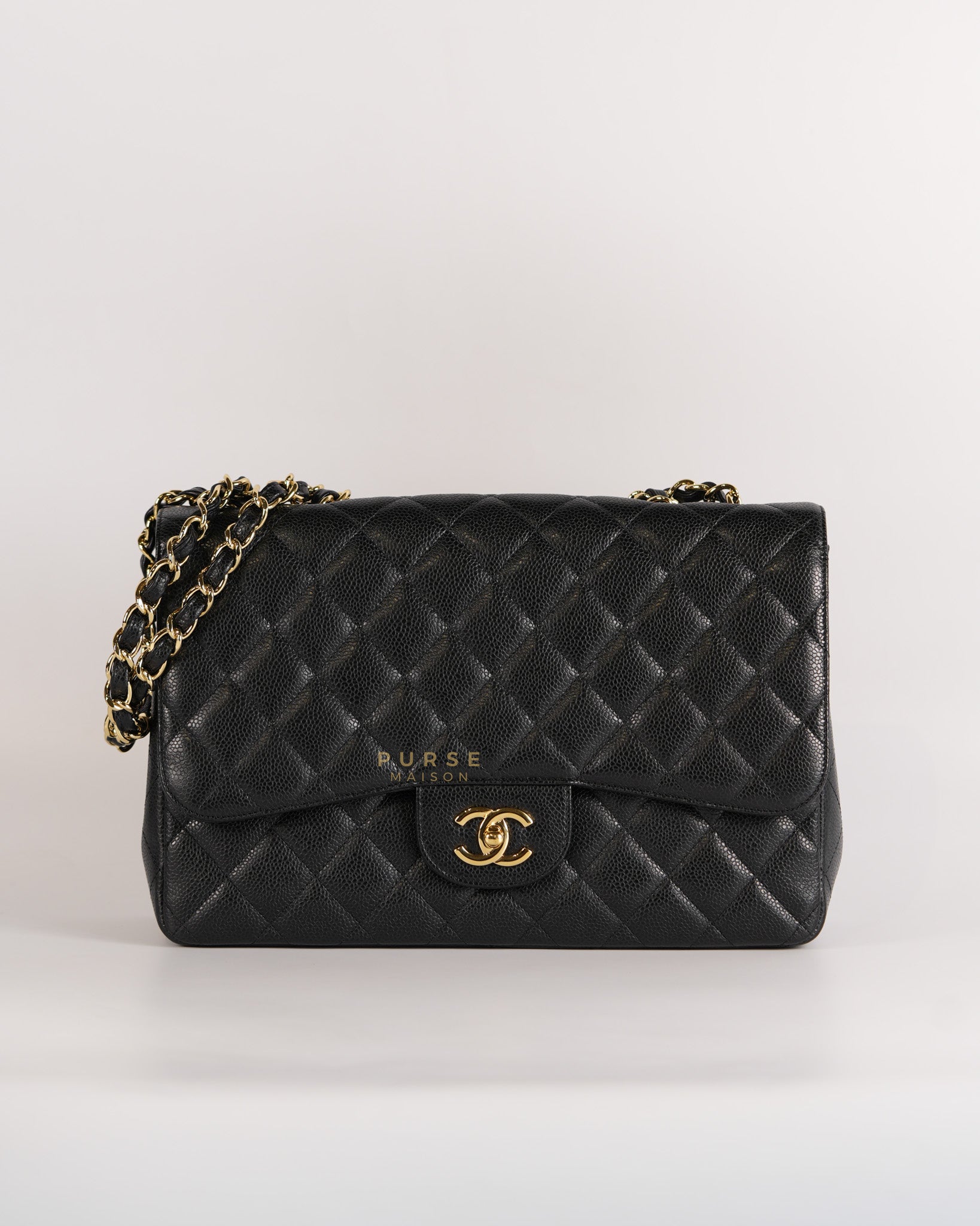 Classic Single Flap Jumbo in Black Quilted Caviar Leather & Gold Hardware (Series 13) | Purse Maison Luxury Bags Shop