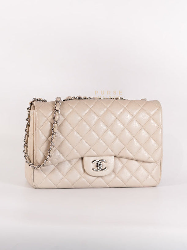 Classic Single Flap Jumbo in Light Gray Caviar Leather and Silver Hardware (Series 14) | Purse Maison Luxury Bags Shop
