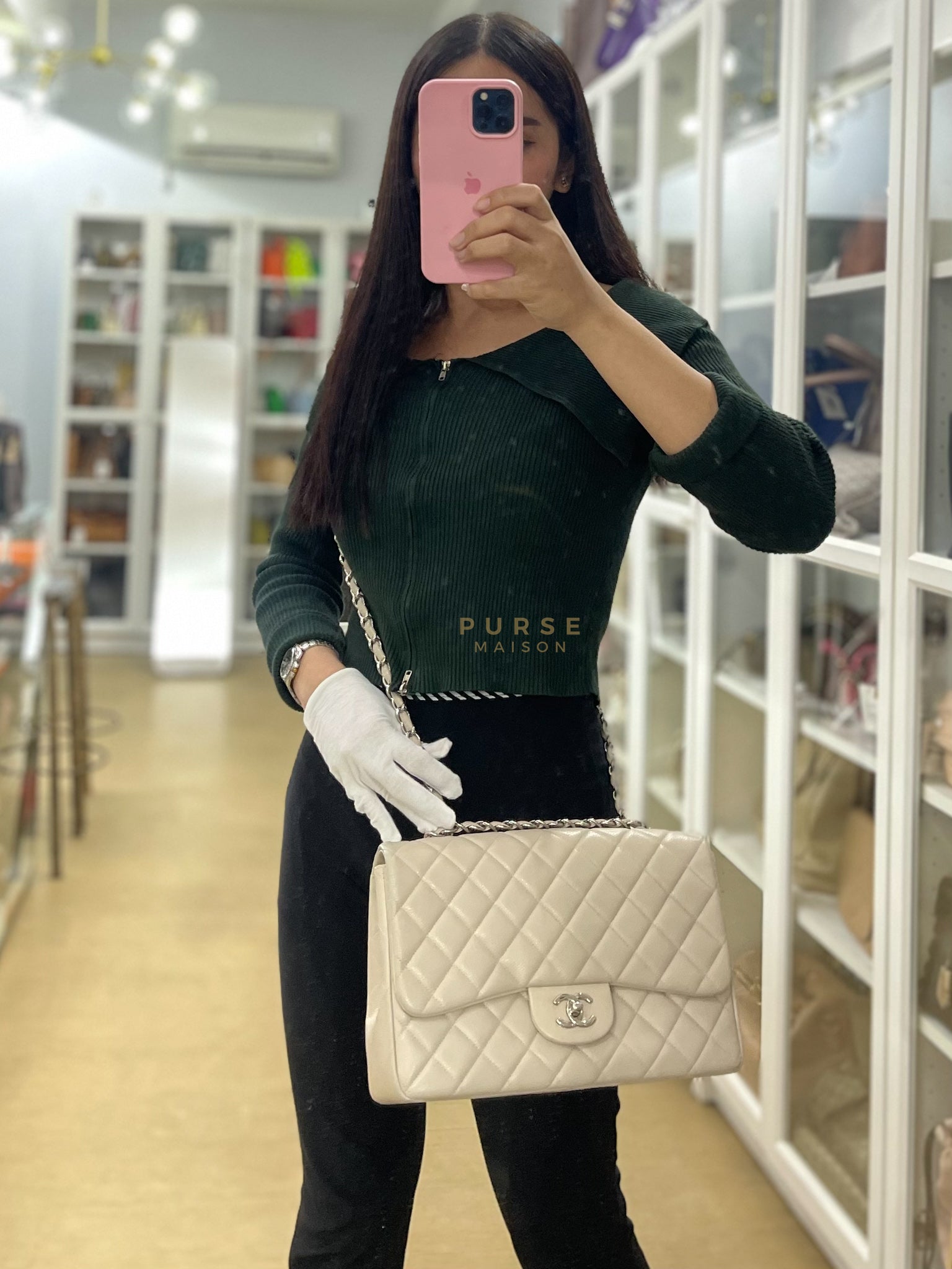 Classic Single Flap Jumbo in Light Gray Caviar Leather and Silver Hardware (Series 14) | Purse Maison Luxury Bags Shop