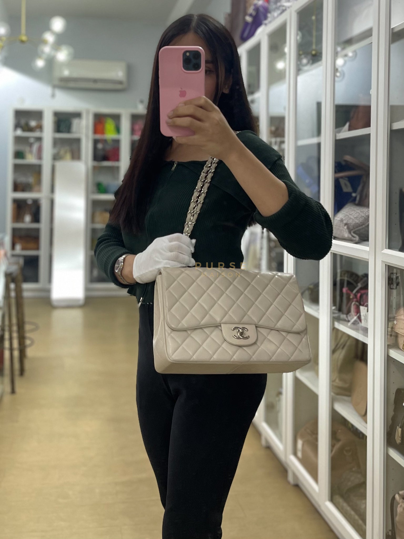 Classic Single Flap Jumbo in Light Gray Caviar Leather and Silver Hardware (Series 14) | Purse Maison Luxury Bags Shop