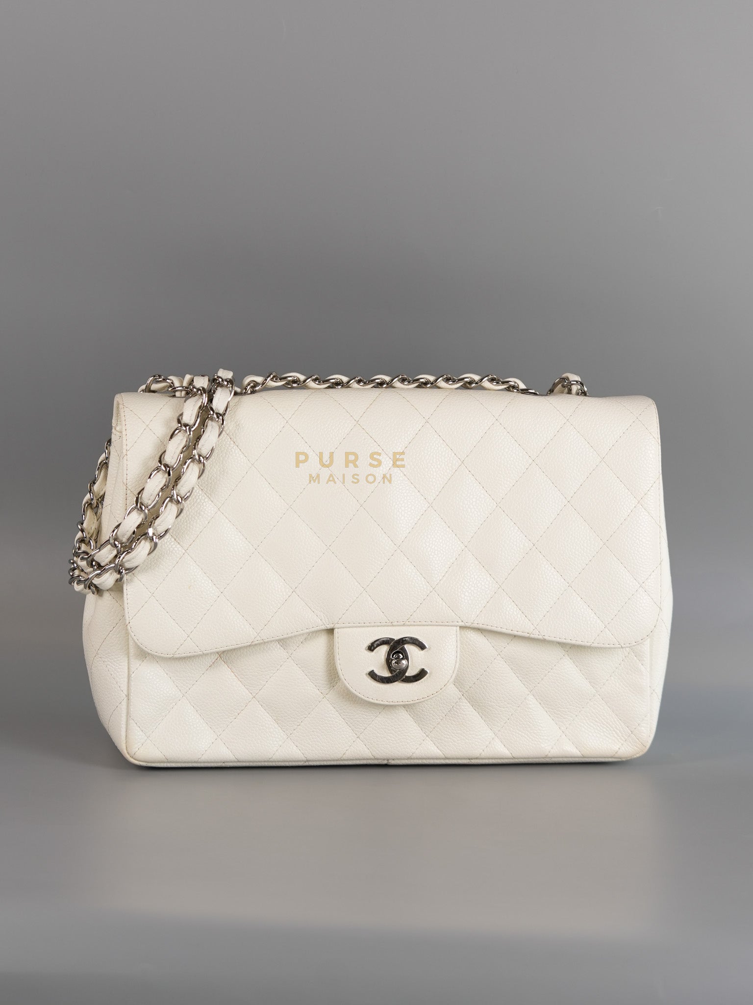 Classic Single Flap Jumbo in White Caviar Leather & Silver Hardware Series 10 | Purse Maison Luxury Bags Shop