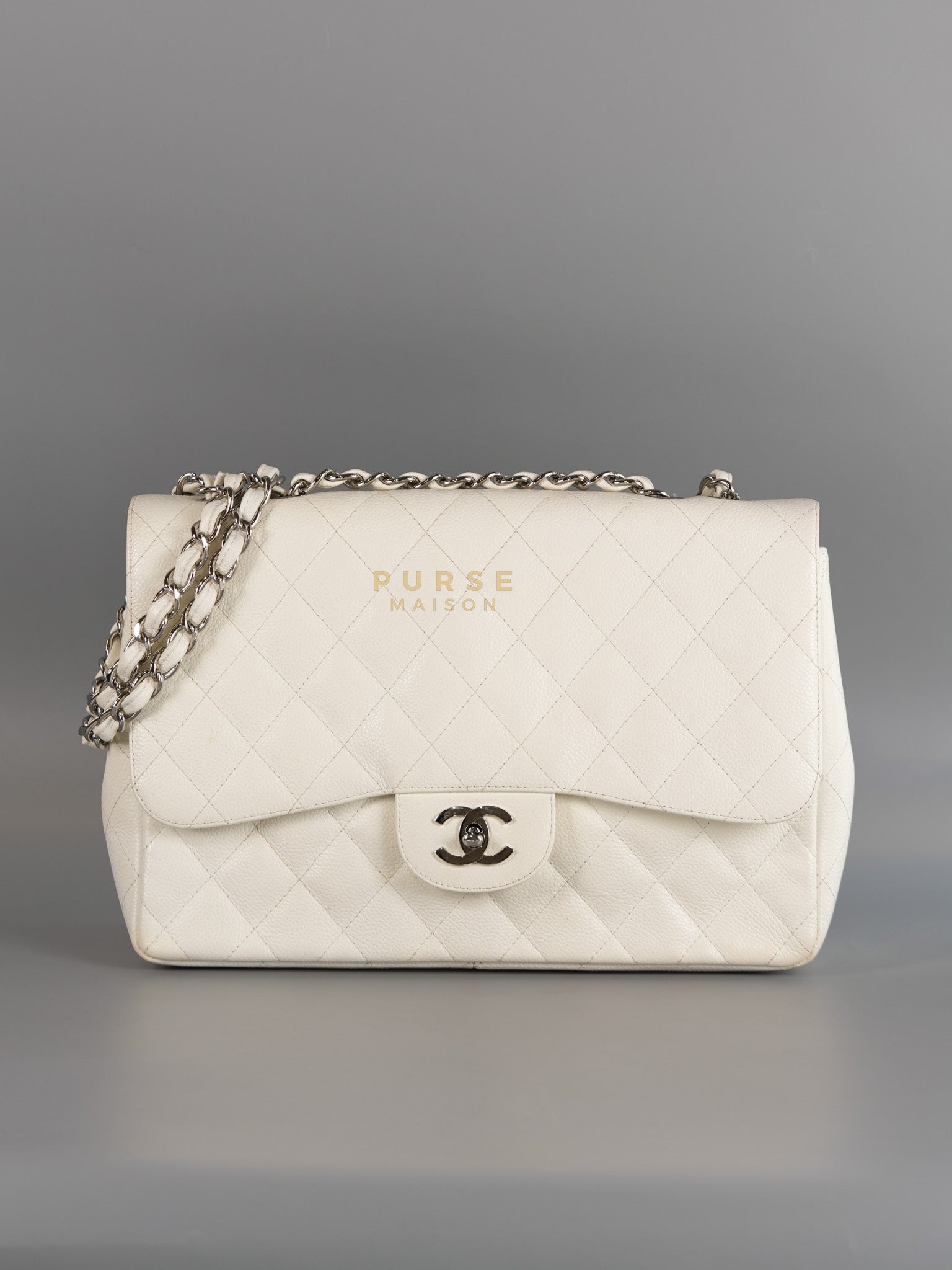 Classic Single Flap Jumbo in White Caviar Leather & Silver Hardware Series 10 | Purse Maison Luxury Bags Shop