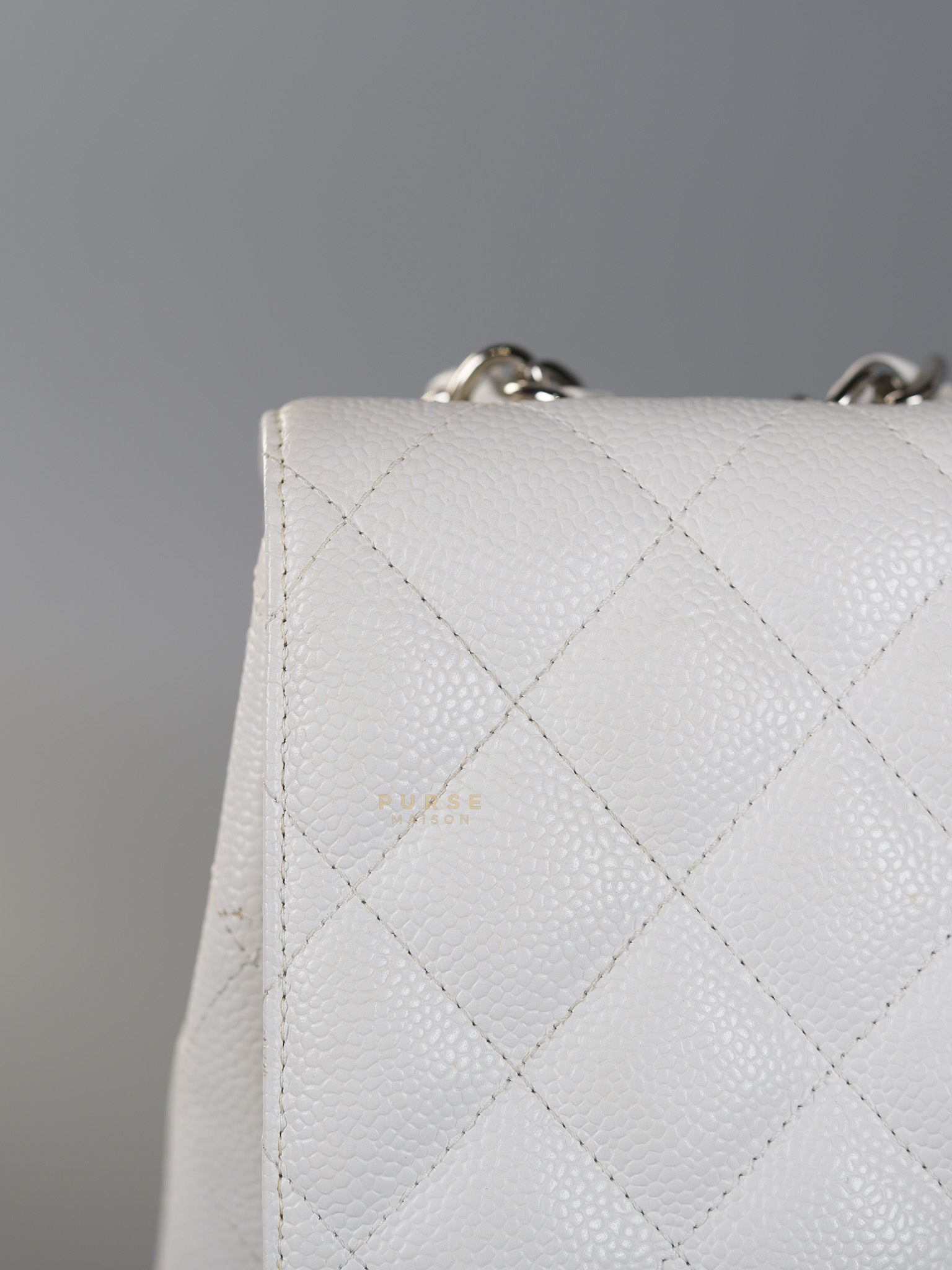 Classic Single Flap Jumbo White Caviar Leather in Silver Hardware Series | Purse Maison Luxury Bags Shop