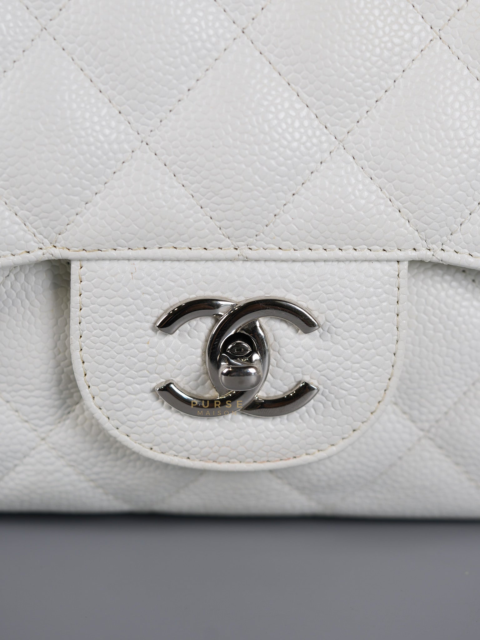 Classic Single Flap Jumbo White Caviar Leather in Silver Hardware Series | Purse Maison Luxury Bags Shop