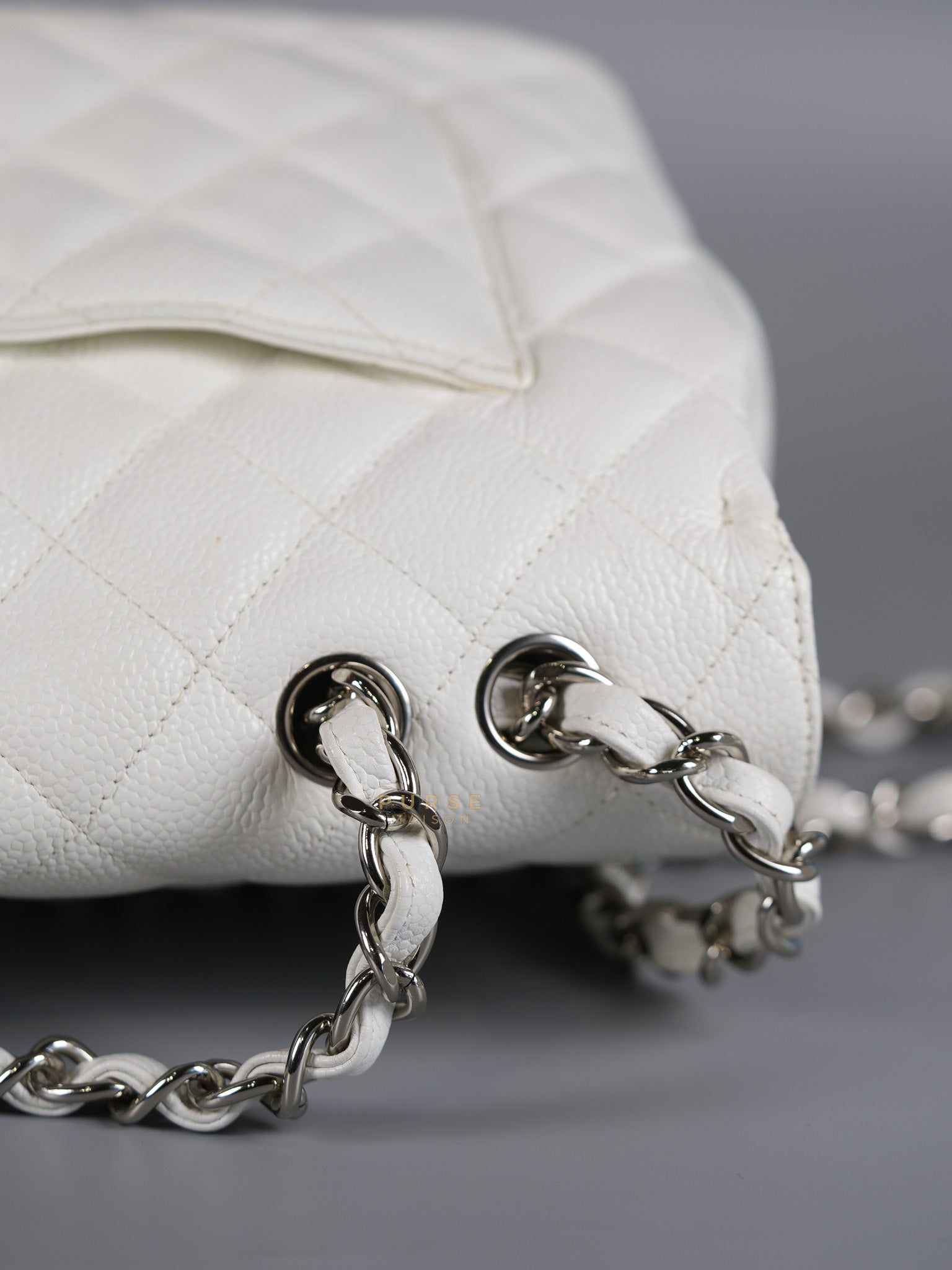 Classic Single Flap Jumbo White Caviar Leather in Silver Hardware Series | Purse Maison Luxury Bags Shop